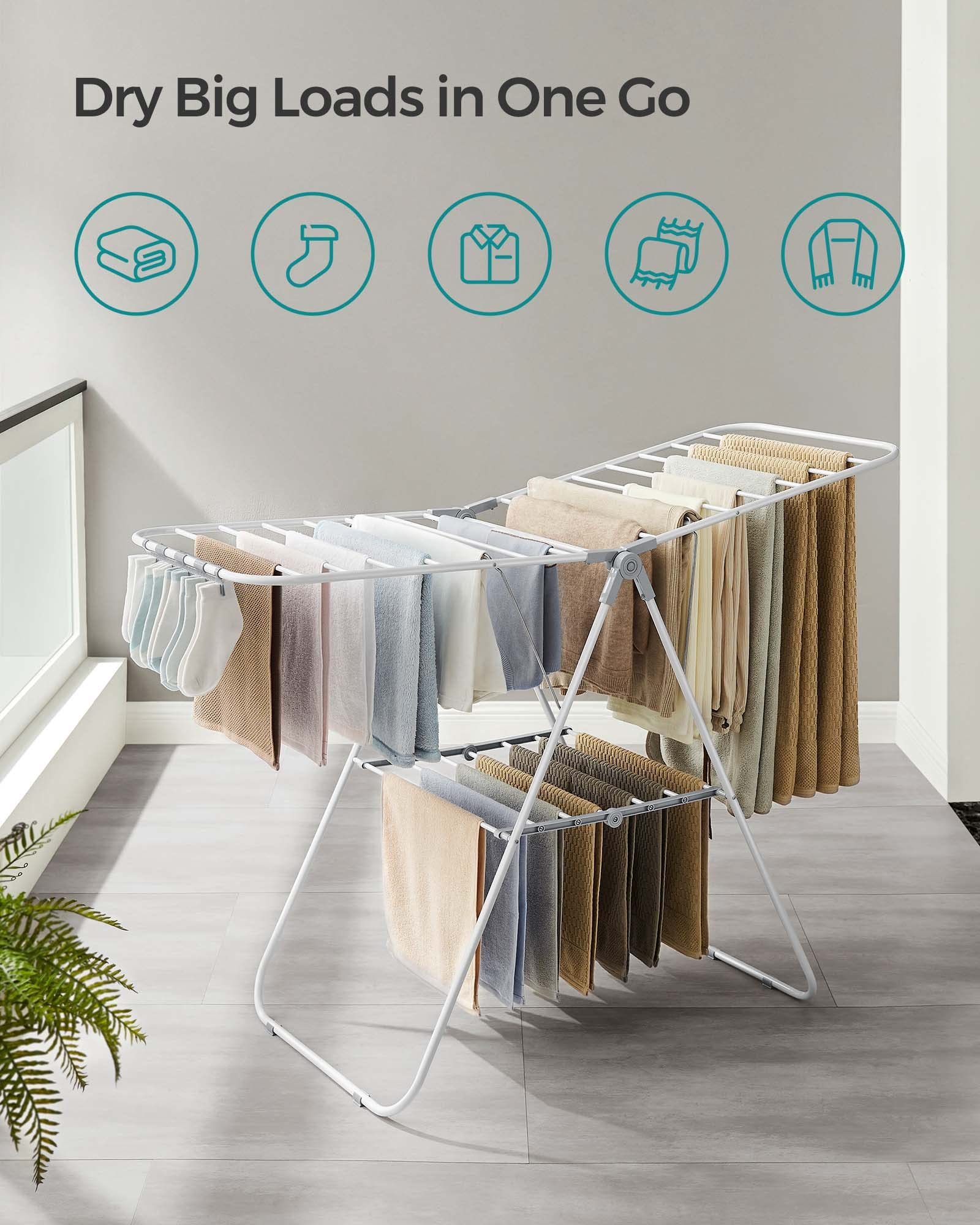 Songmics Clothes Drying Rack, With Sock Clips, Stainless Steel Laundry Rack, Foldable, Space-Saving, Free-Standing Indoor Airer,