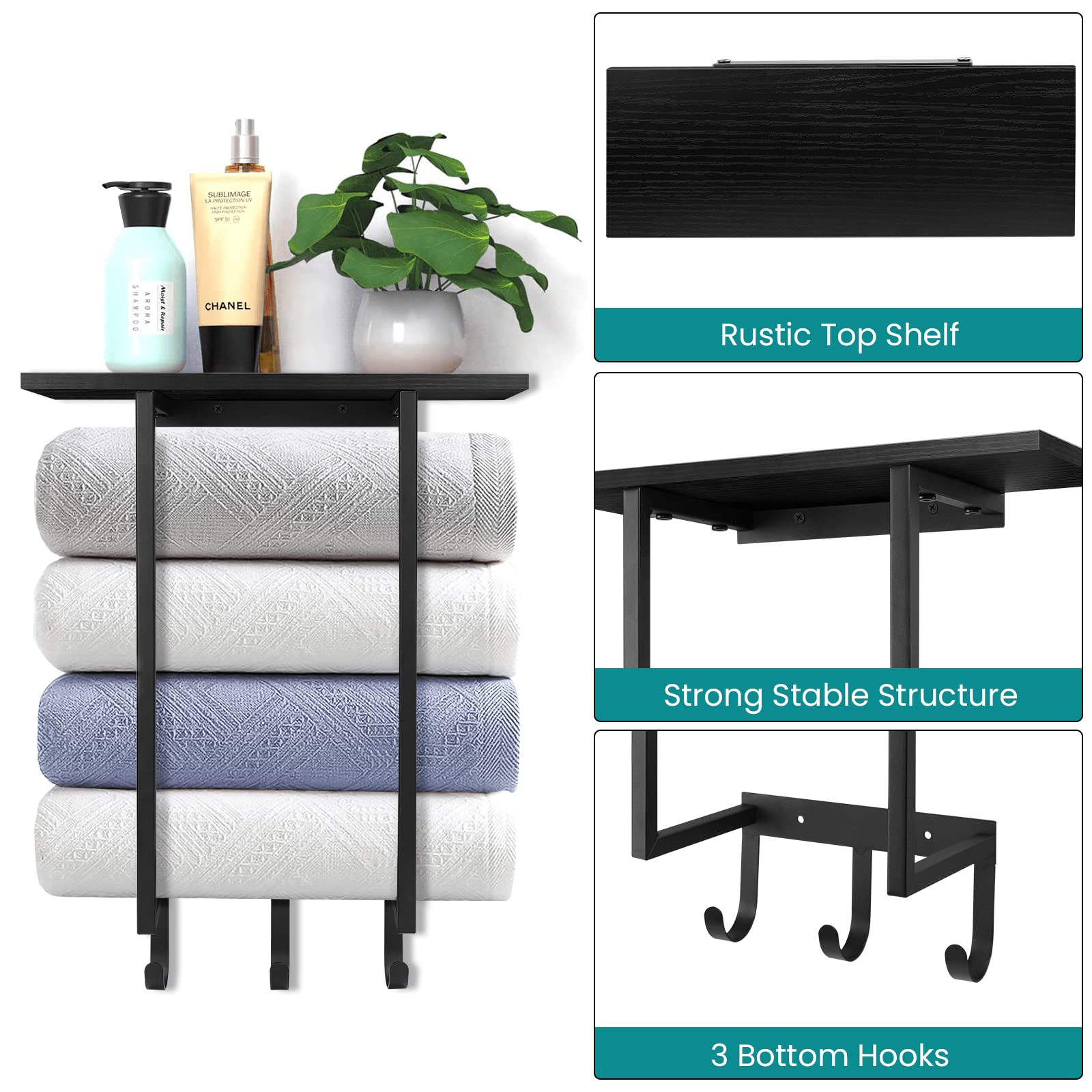 Eliteroo Towel Holder For Bathroom Wall, Towel Rack With Shelf And Hooks, Hanging Towel Organizer For Small Bathroom Storage, Wo