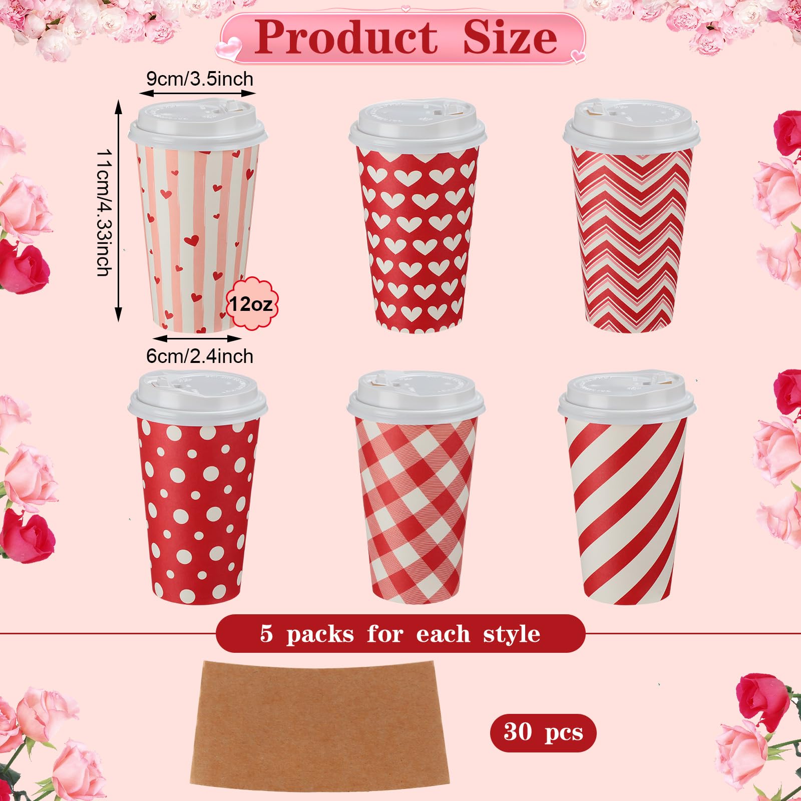 Sosation 90 Pcs/30 Set Valentine'S Day Coffee Paper Cups With Lids And Sleeves 12 Oz Disposable Hot Cocoa Cups Valentines Pink P