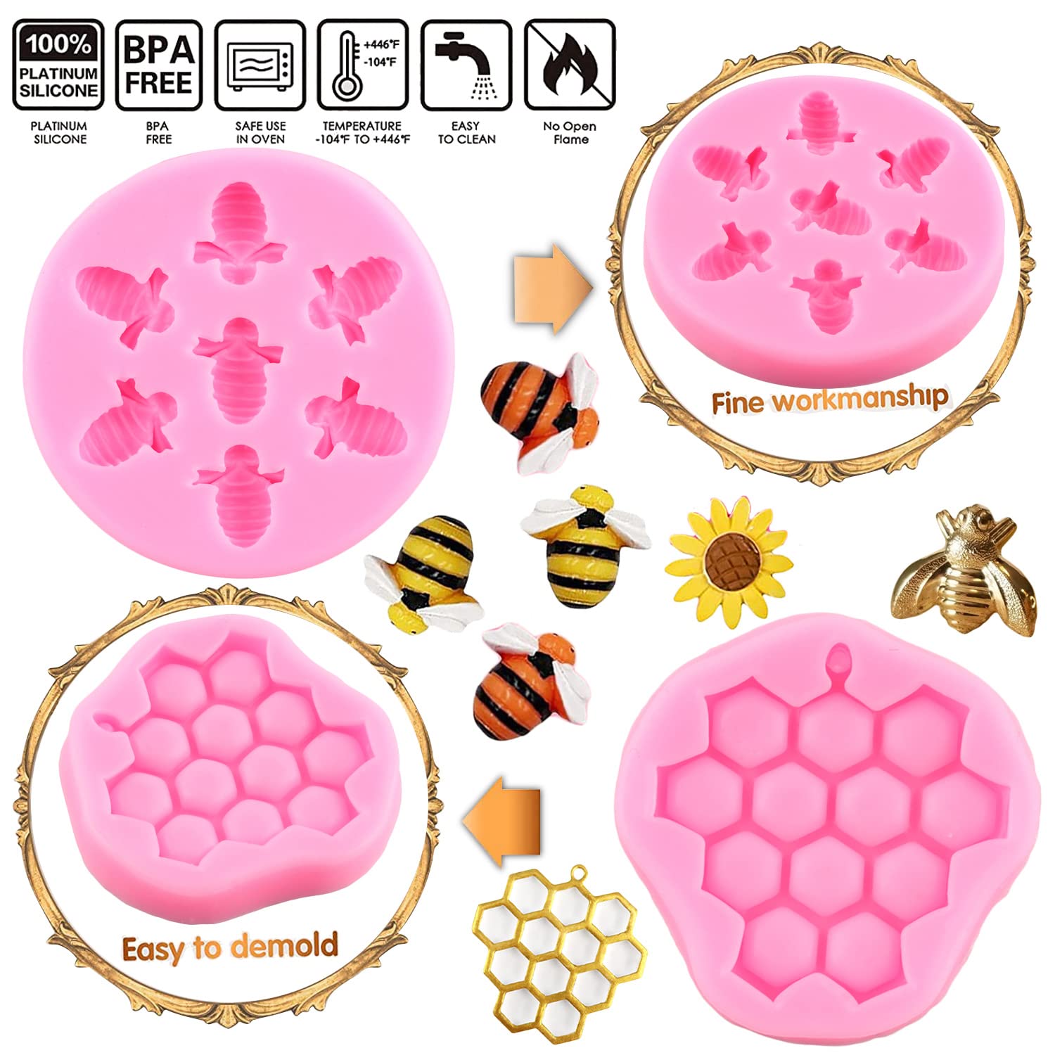 Mujiang Bumble Bee Silicone Mold Honeycomb Bees Fondant Cake Mold Sunflower Beehive Molds For Cake Decorating Cupcake Topper Sug