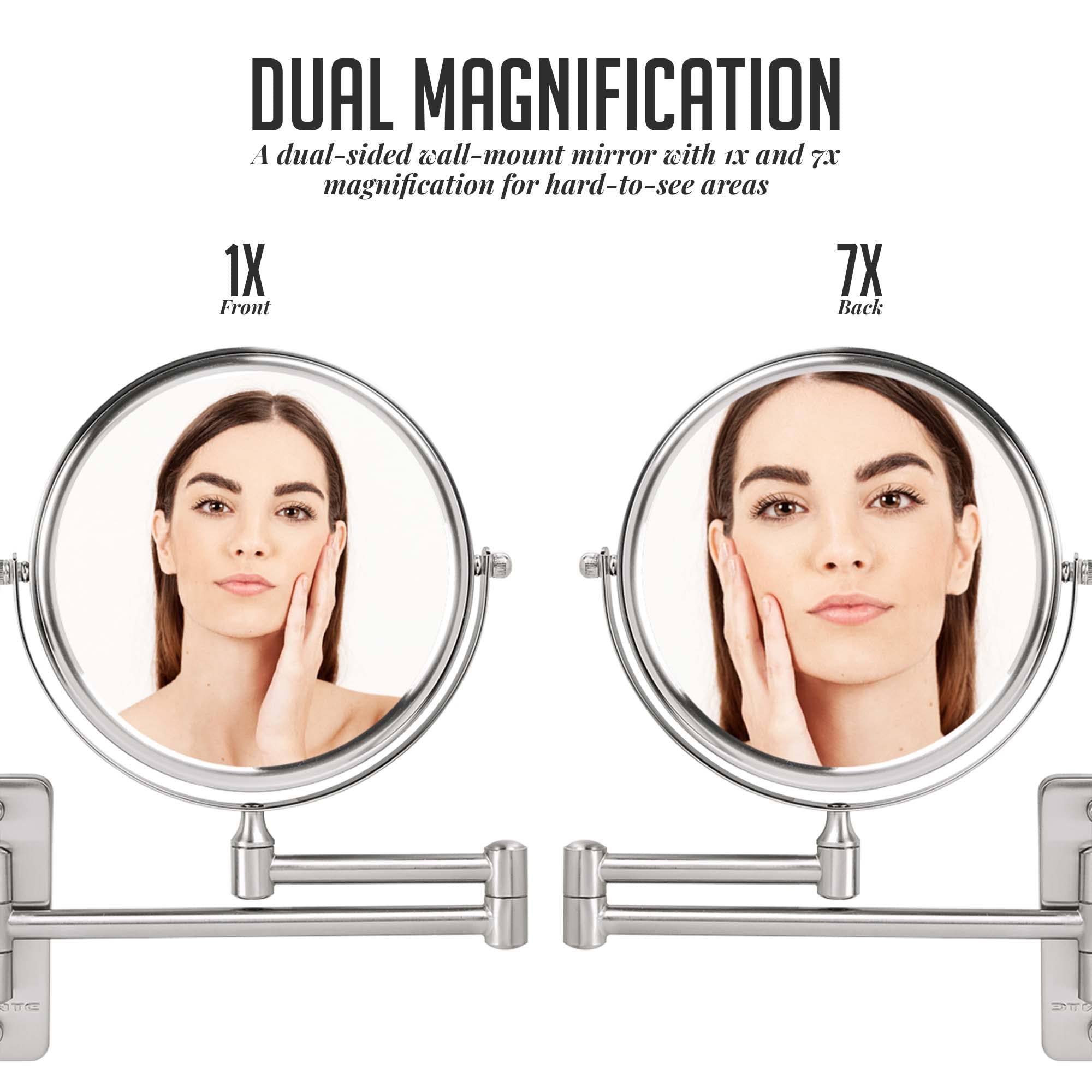 Ovente 7'' Wall Mounted Makeup Mirror - 1X/ 7X Magnification, Rotating 360-Degree, Double-Sided, Extendable & Folding Arm, Clear