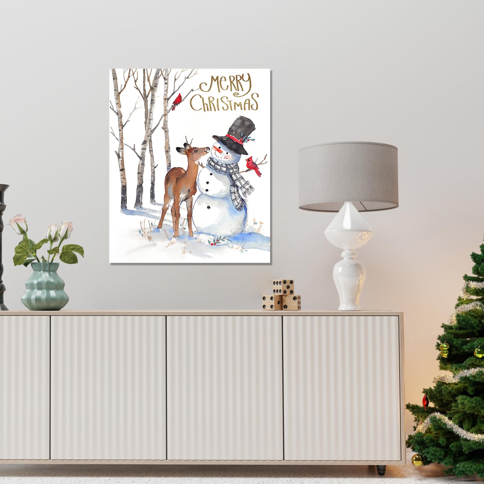 Christmas Canvas Wall Art Decor: Snowman And Deer Decorations Pictures Prints - Winter Scene Aesthetic Painting Artwork Farmhous