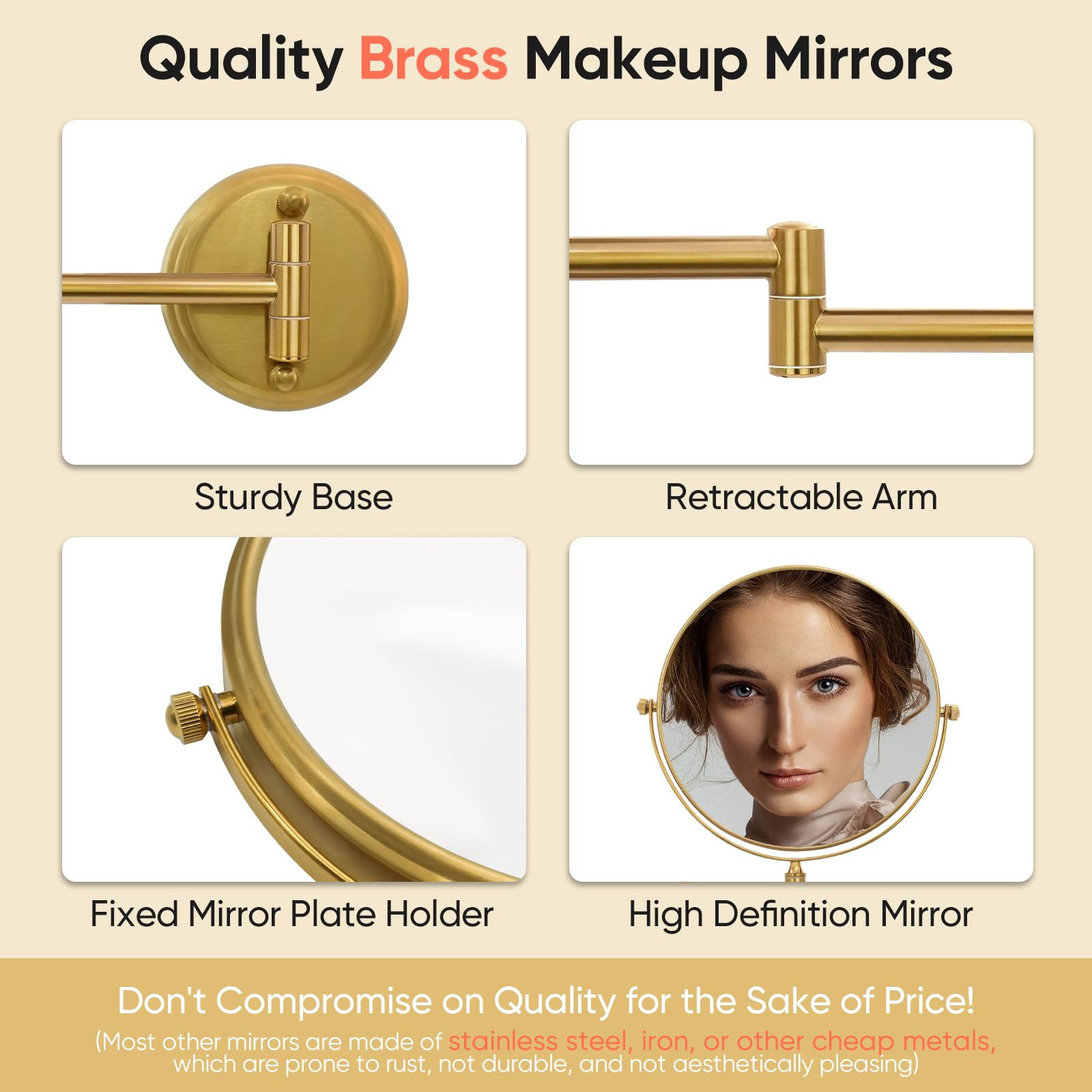 Gurun 8'' Wall Mounted Makeup Mirror With 10X Magnification,Two-Sided Swivel Bathroom Mirror,Brushed Gold Finish M1306Gj(8'',10X