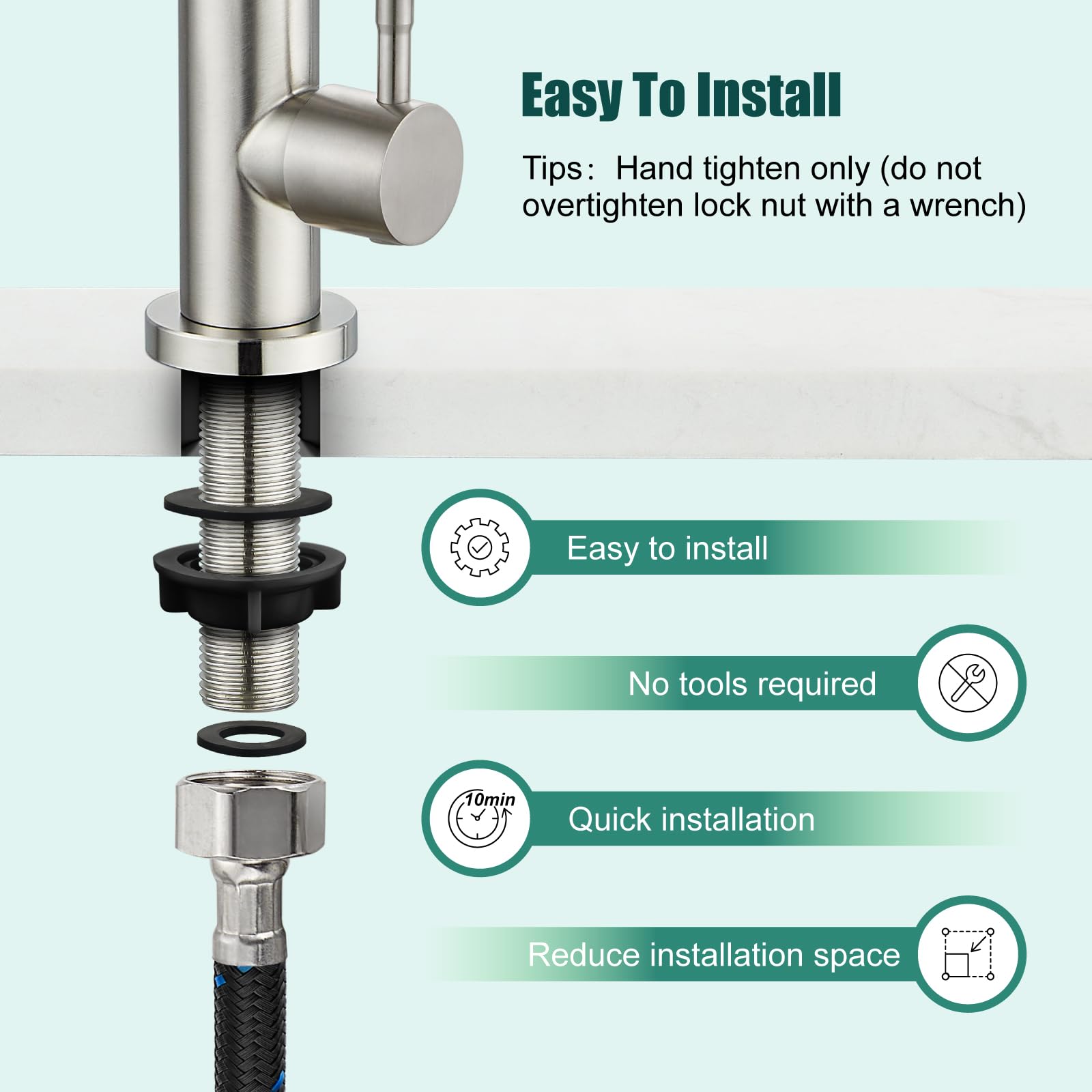 Cold Only Water Kitchen Faucet Brushed Nickel Heyalan Single Lever Handle 304 Stainless Steel Commercial Bar Tap Decked Mounted 360 Degree Swivel Spout Longer Thread Pipe