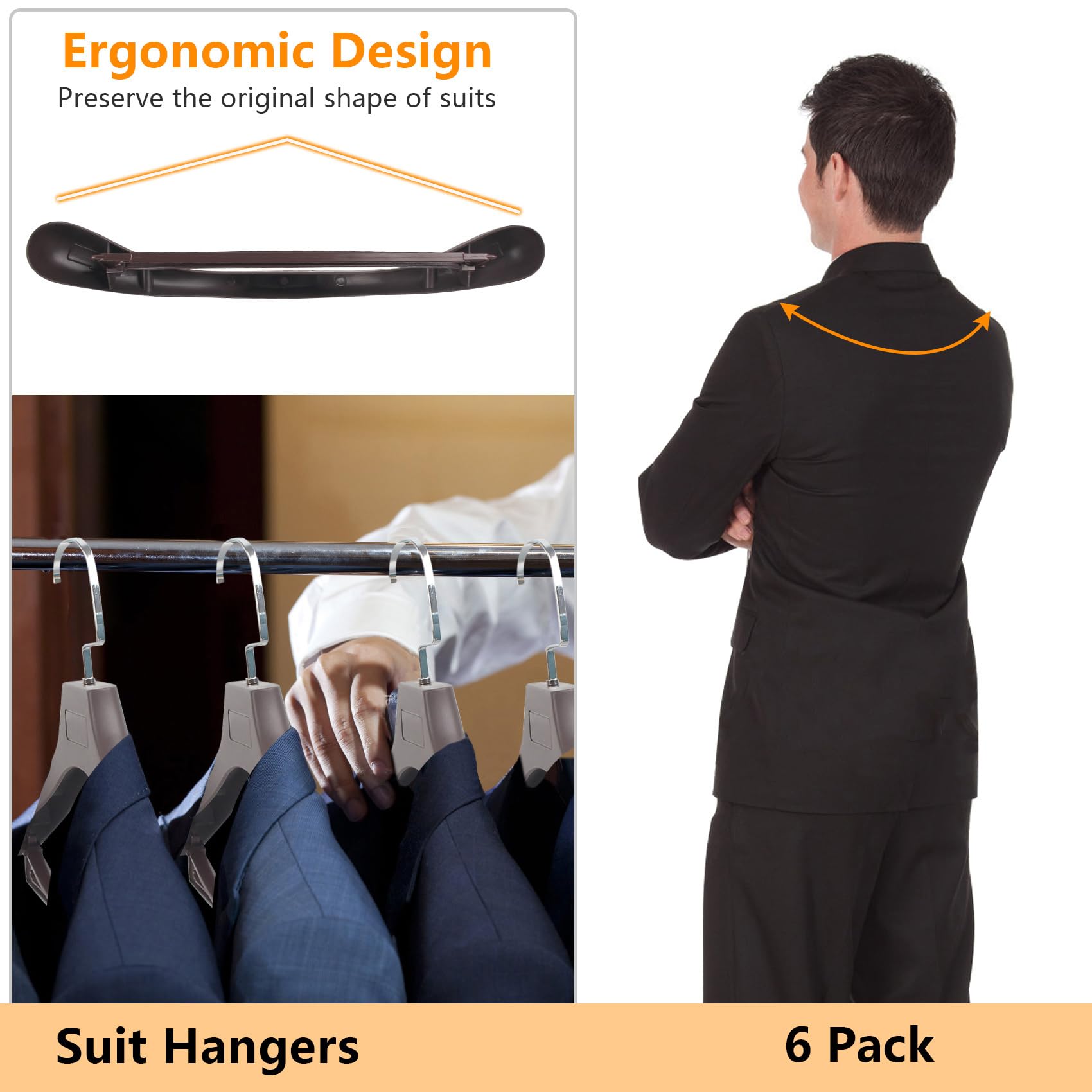 Suit Hangers For Men 6 Pack, Extra Wide Hangers Non Slip Width 17.7'', Brown Coat Hangers Thick Plastic With Pants Bar 360 Swive