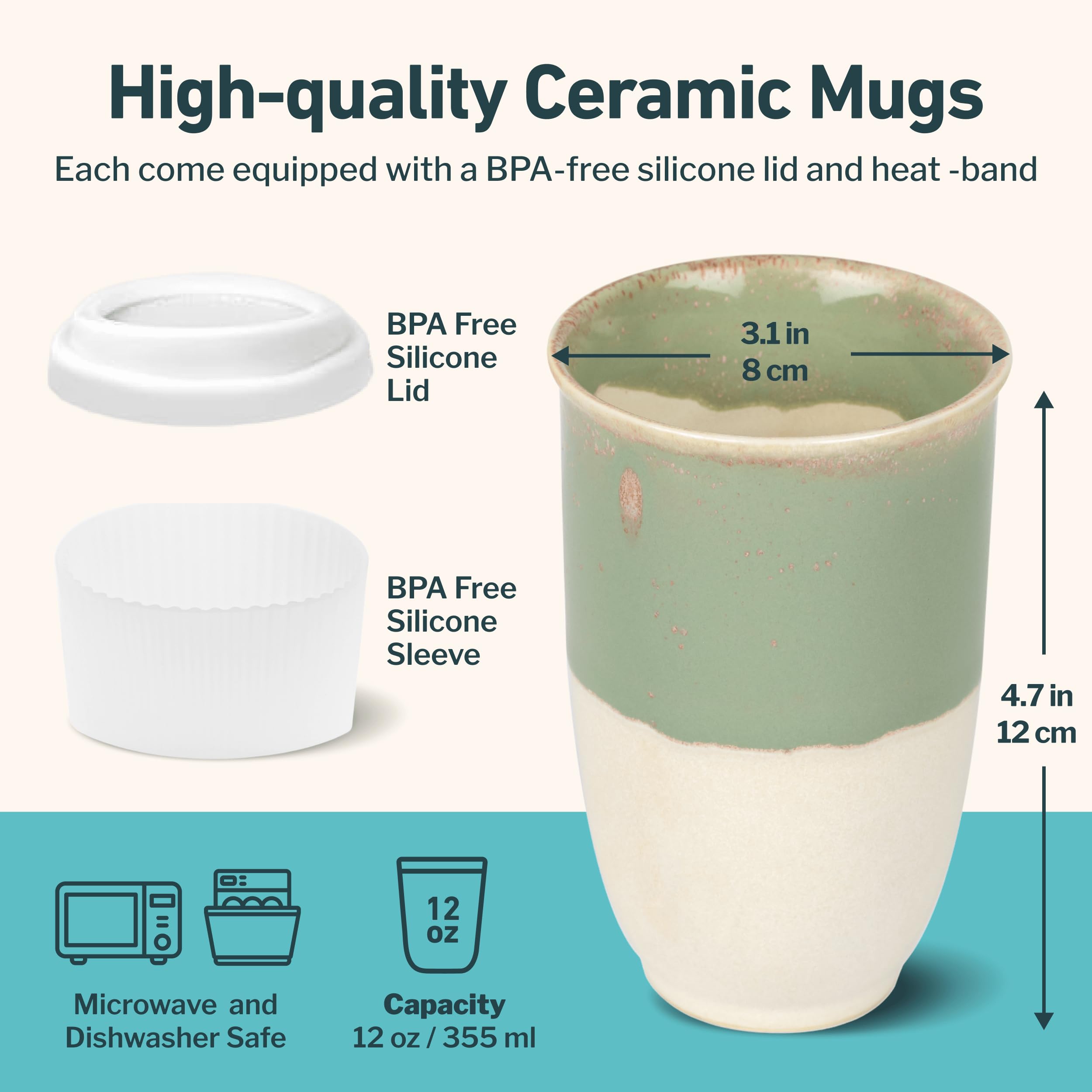 NOVA CERAMICS Microwavable Coffee Mug, 12oz Ceramic Travel Cup, Sage & Beige, Dishwasher Safe, With Lid