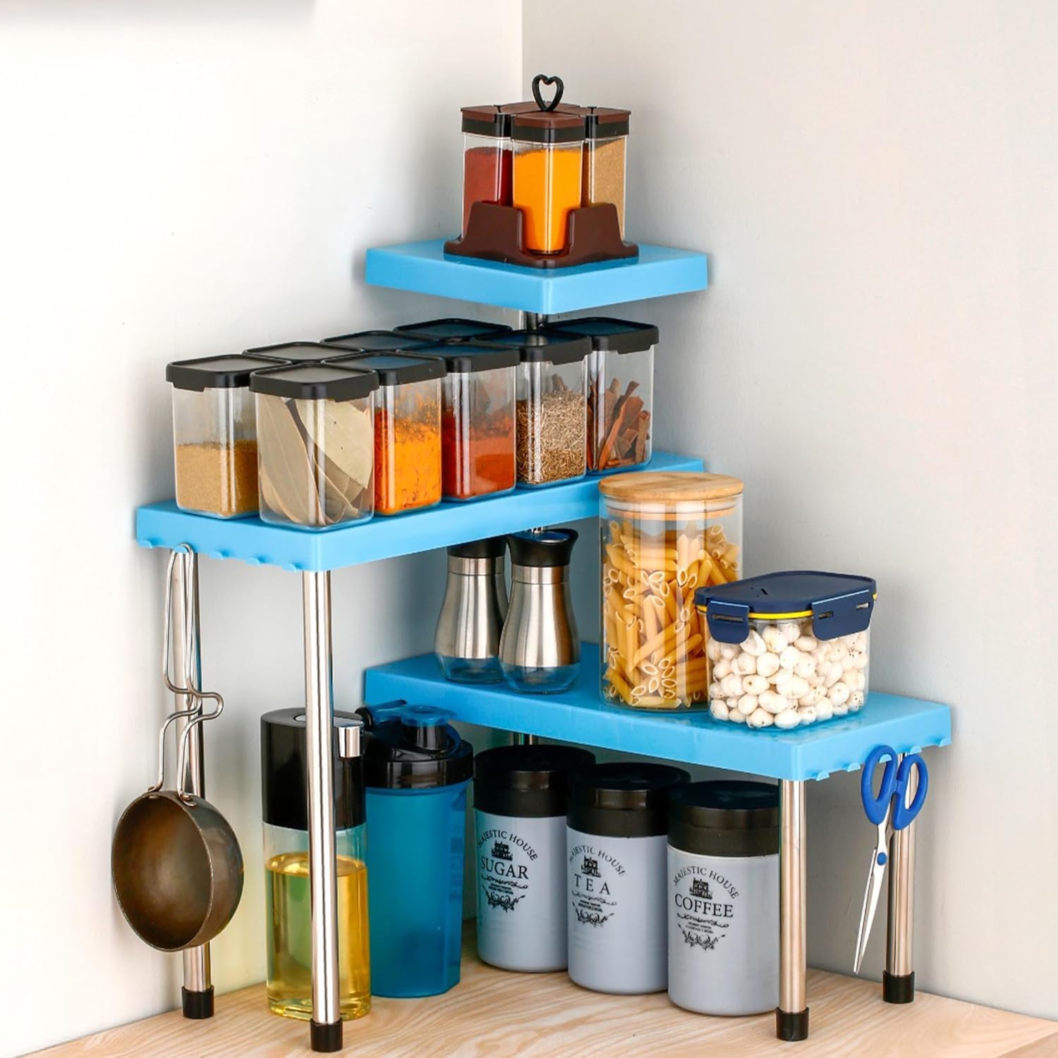 Ram Mantra 3Tier Kitchen Corner Storage Rack With Spice Containers & Hooks  Multipurpose Countertop Organizer For Spices, Jars