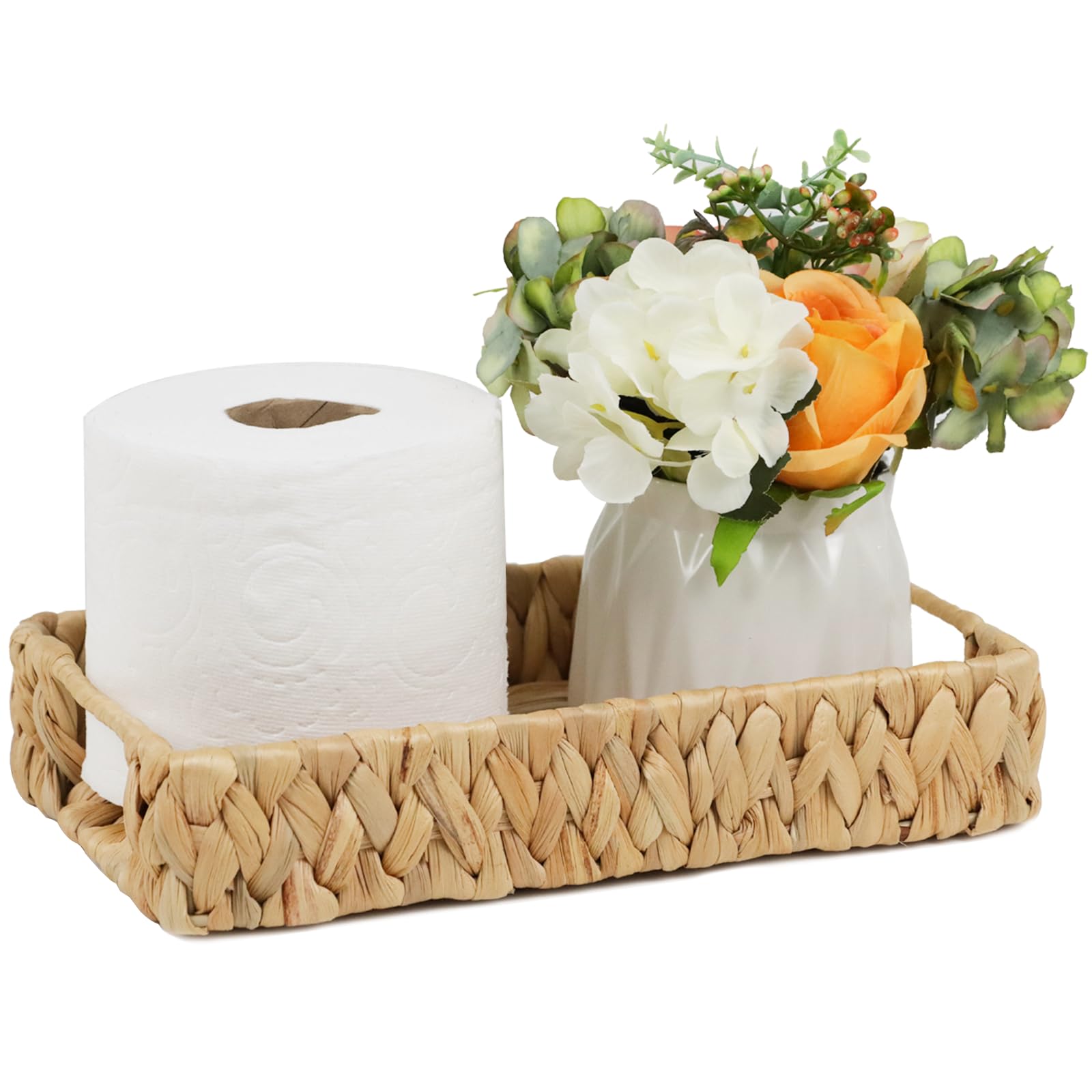 Bathroom Tray, 11 Inch Water Hyacinth Vanity Tray with Handle, Small Wicker Basket for Bathroom Toilet Tank Countertop, Wicker B