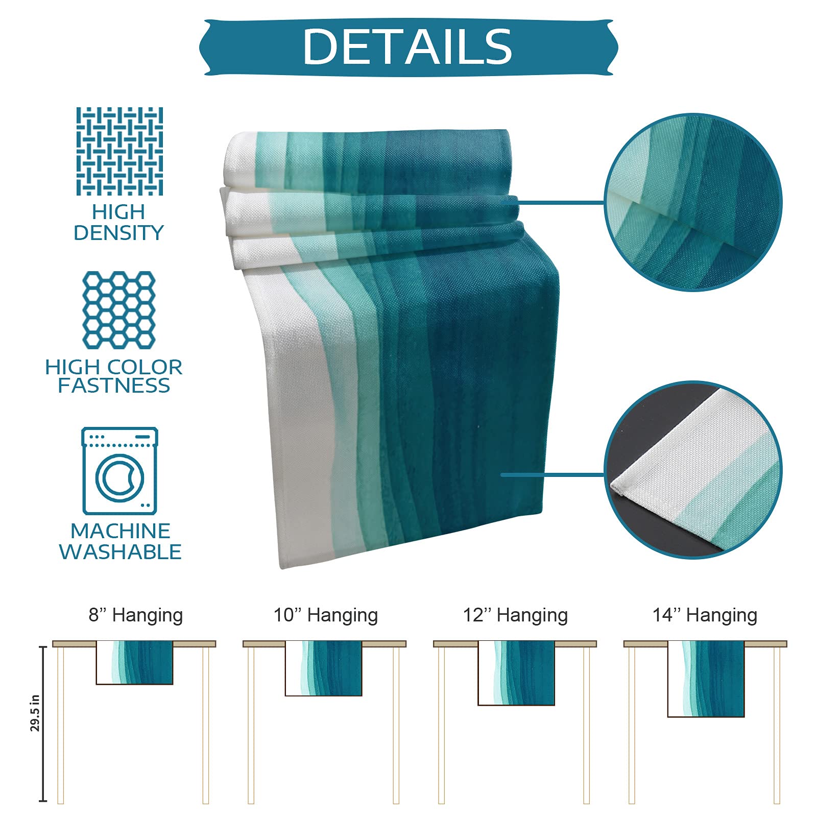 Teal Gradient Table Runner 70 Inch And Place Mats Set Of 6 Watercolor Teal White Gradient Cotton Linen Table Mats Set, Heat Insu