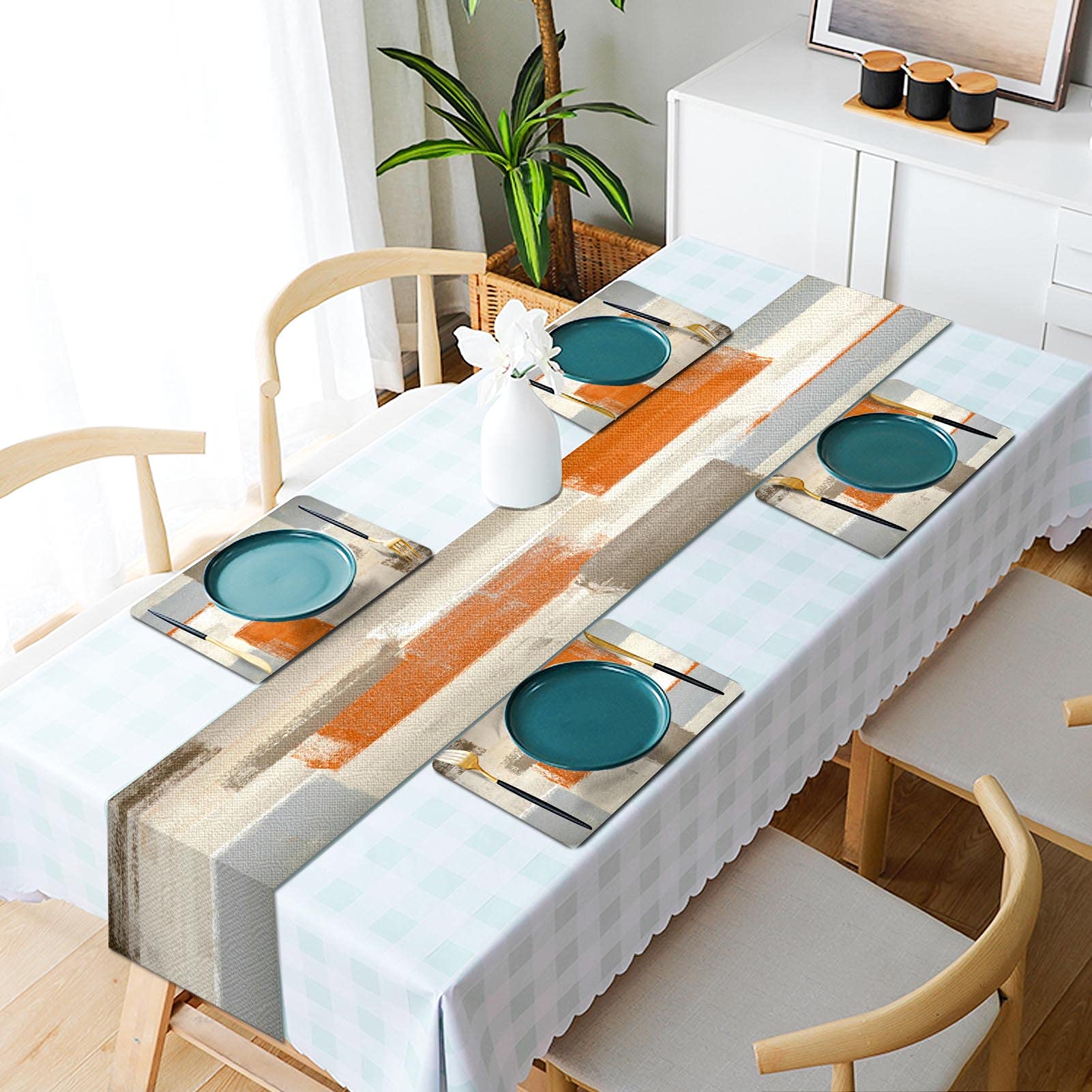 Mcalk Farmhouse Orange Table Runner And Placemats Set Of 6 Pieces, Brown Placemats Modern Art,Grey Abstract Art Cloth Place Mats