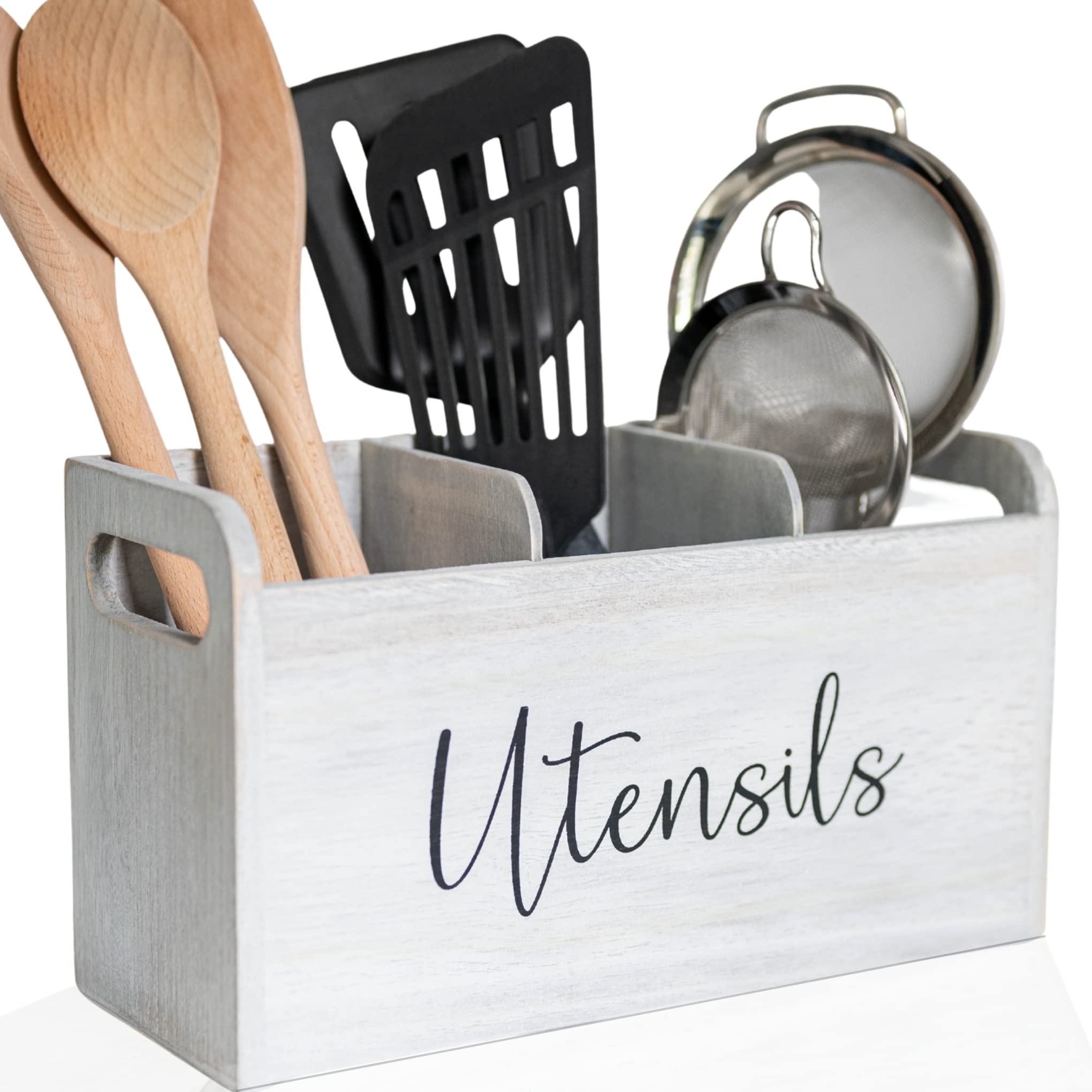 Elevated Haven White Kitchen Utensil Holder |3 Compartments 12In X 5In X 7In | Wooden Utensil Holder | Utensil Holder For Counte