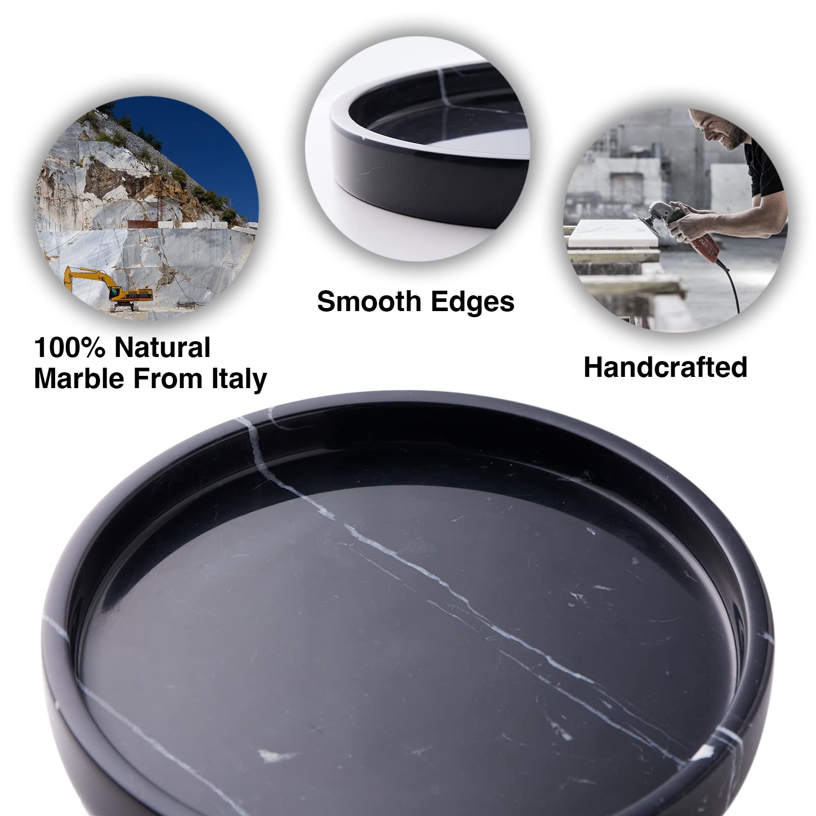 Phinilux Italian 100% Marble Round Vanity Tray 10'', Decorative & Fruit Serving Trays For Bathroom, Kitchen, Nightstand, Jewelry