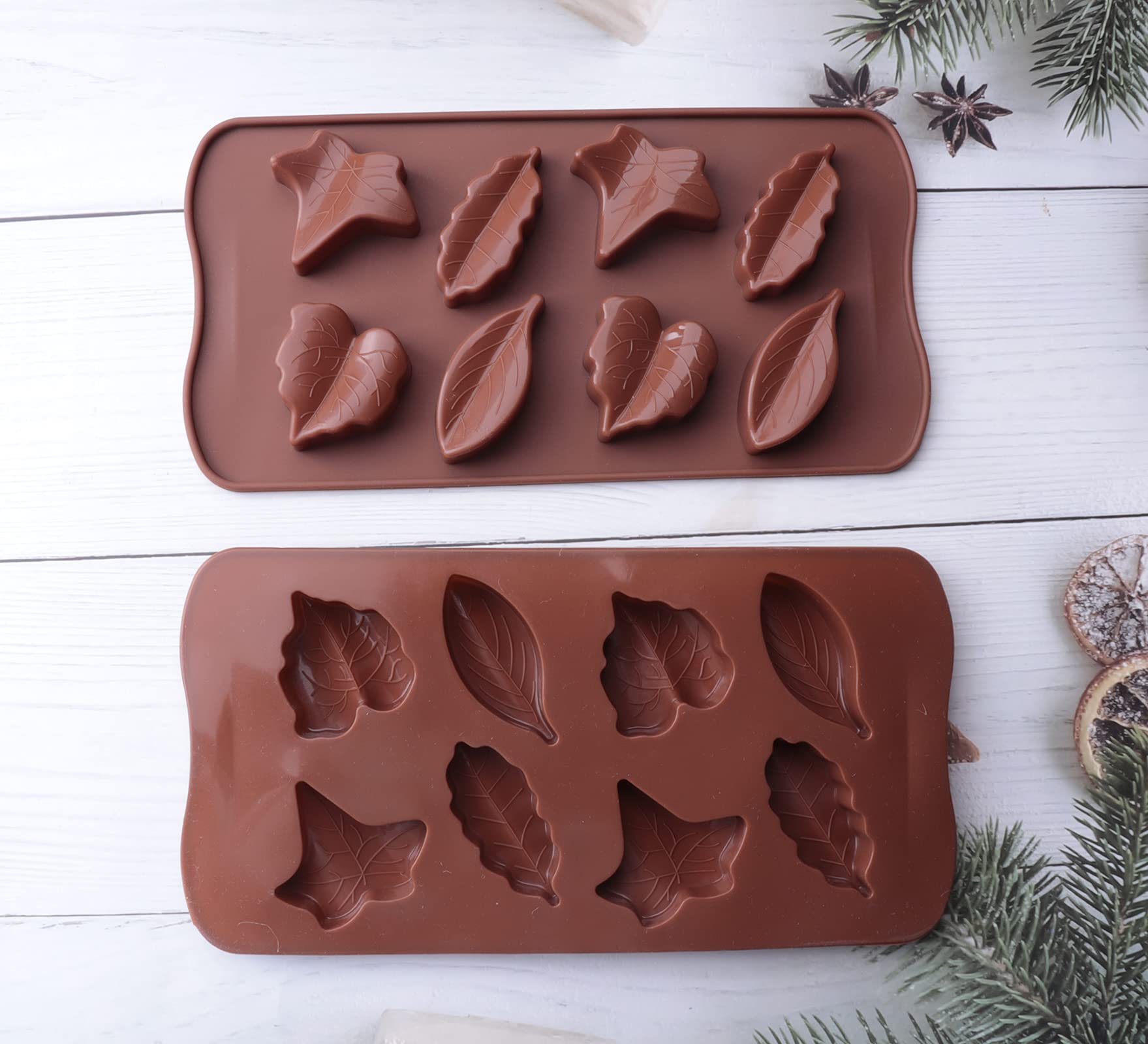 Ruwado 2 Pcs Maple Leaves Silicone Mold Brown Autumn Leaf Shape Fondant Mold Tray For Chocolate Baking Cupcake Topper Decoration