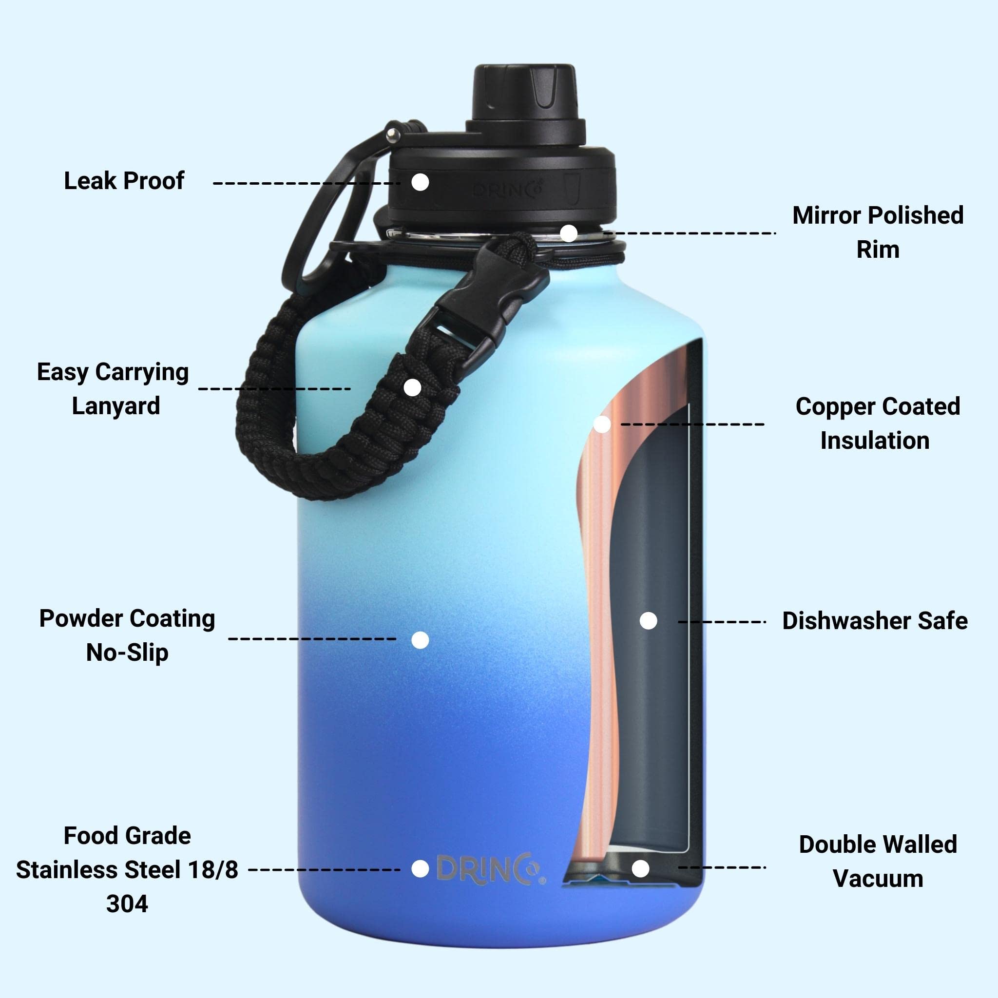 Drinco Stainless Steel Water Bottle Spout Lid Vacuum Insulated Double Wall Water Bottle(64Oz 40Oz 32Oz 22Oz 18Oz 14Oz) Leak Proo