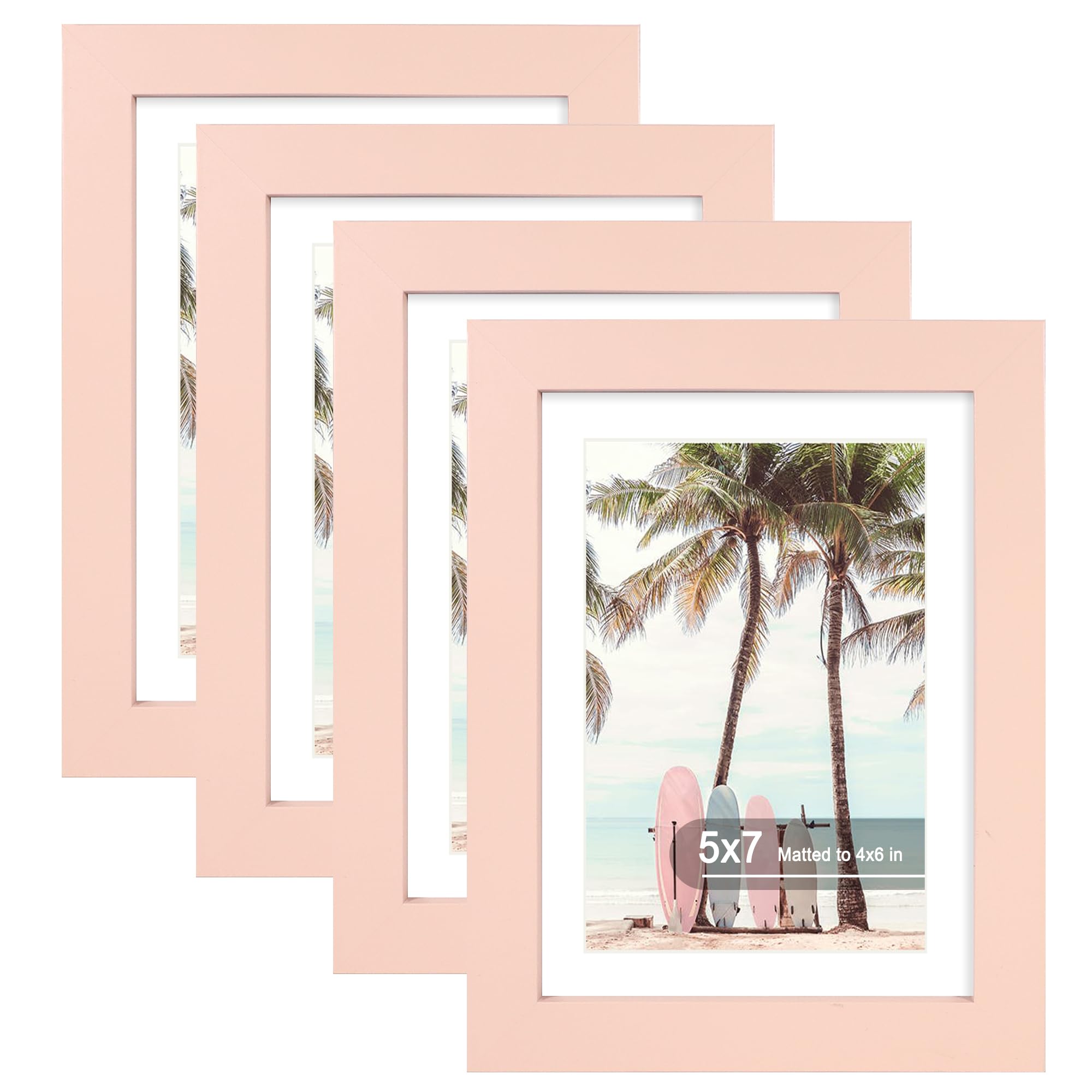 Hongkee 5x7 Picture Frame (4 Pack, Pink) Made of Real Glass and Wooden Frame - Display Pictures 4x6 with Mat or 5x7 Without Mat,