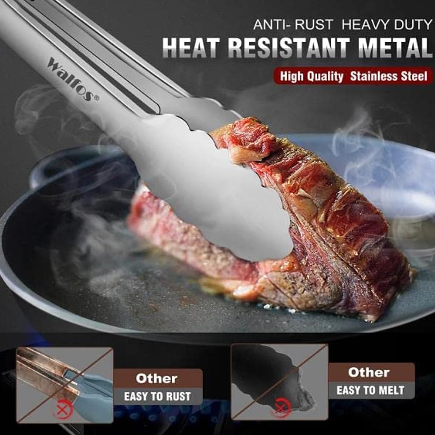 Walfos All Metal Kitchen Tongs for Cooking  BBQ Grilling  600? Heat Resistant Stainless Steel Tongs - Heavy Duty 7  9 and 12 Inch Locking Tongs Set of 3