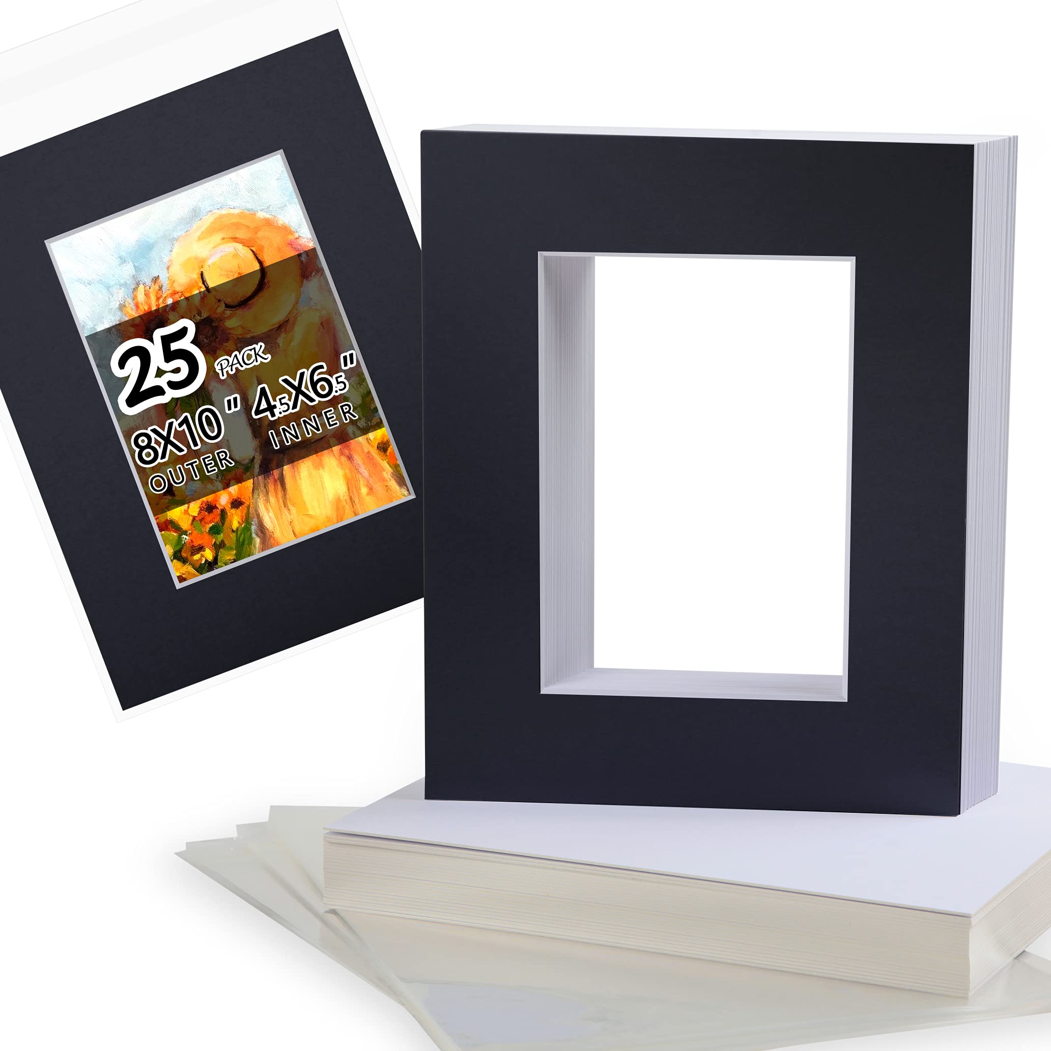 Acid Free 8X10 Pre-Cut Picture Mat Board Kit For 5X7 Photo, Includes 25 Black Core Bevel Cut Mattes, 25 Backing Boards, 25 Cryst