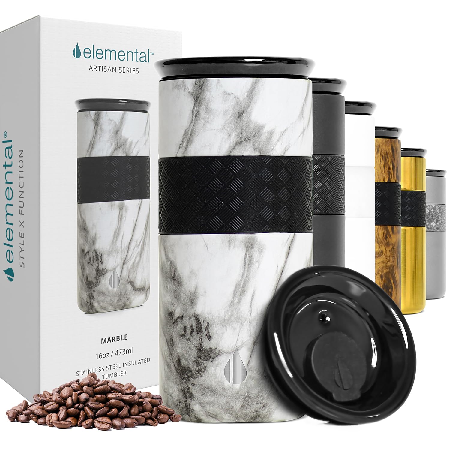 Elemental Artisan Insulated Tumbler, Triple Wall Coffee Travel Tumbler, Reusable Stainless Steel with Ceramic Lid, Thermal Coffe