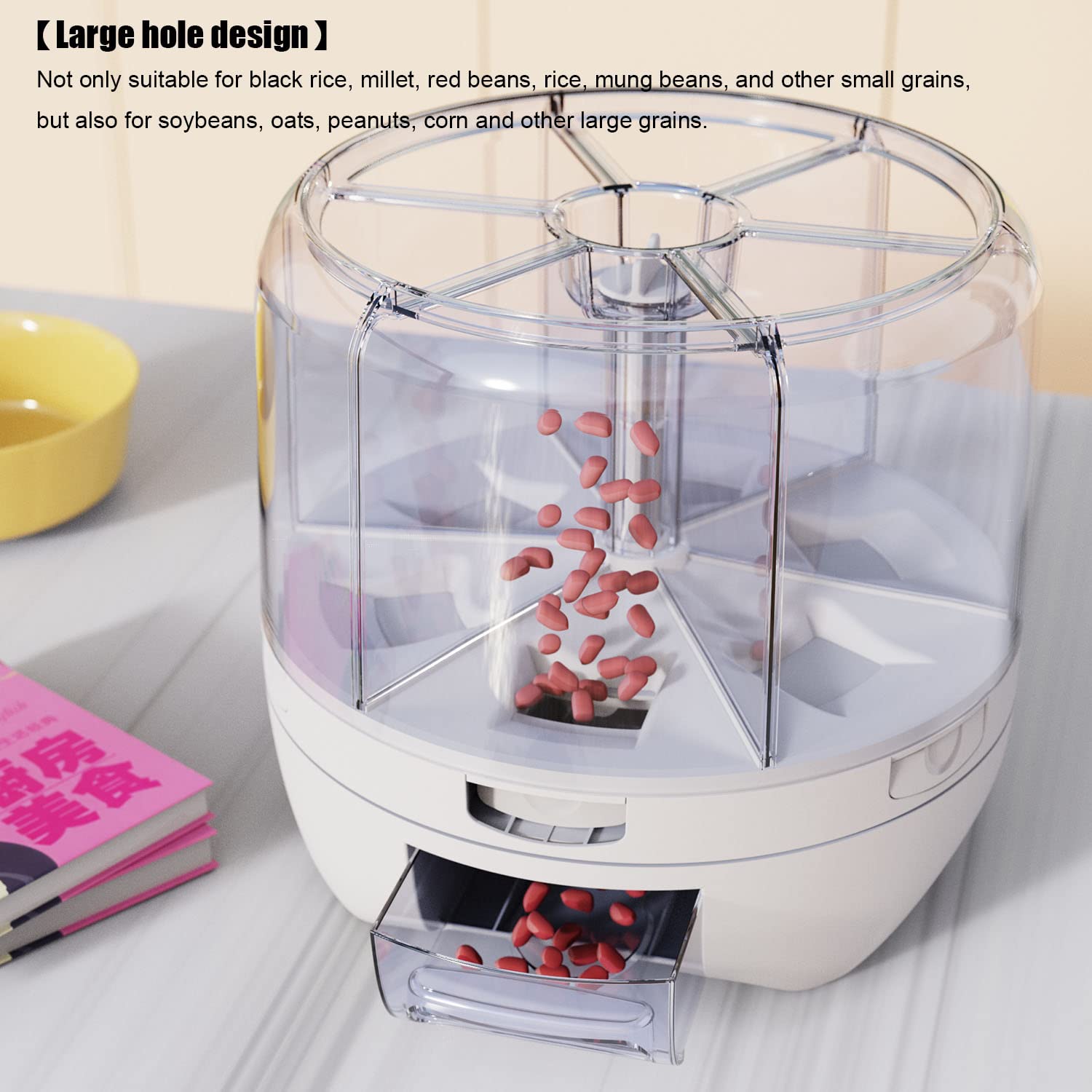 Xiyao 20Lbs Large Grain Dispenser 360Rotating Rice Food Dispenser 6 Grids Rice Container Rotatable Beans Containers Storage With