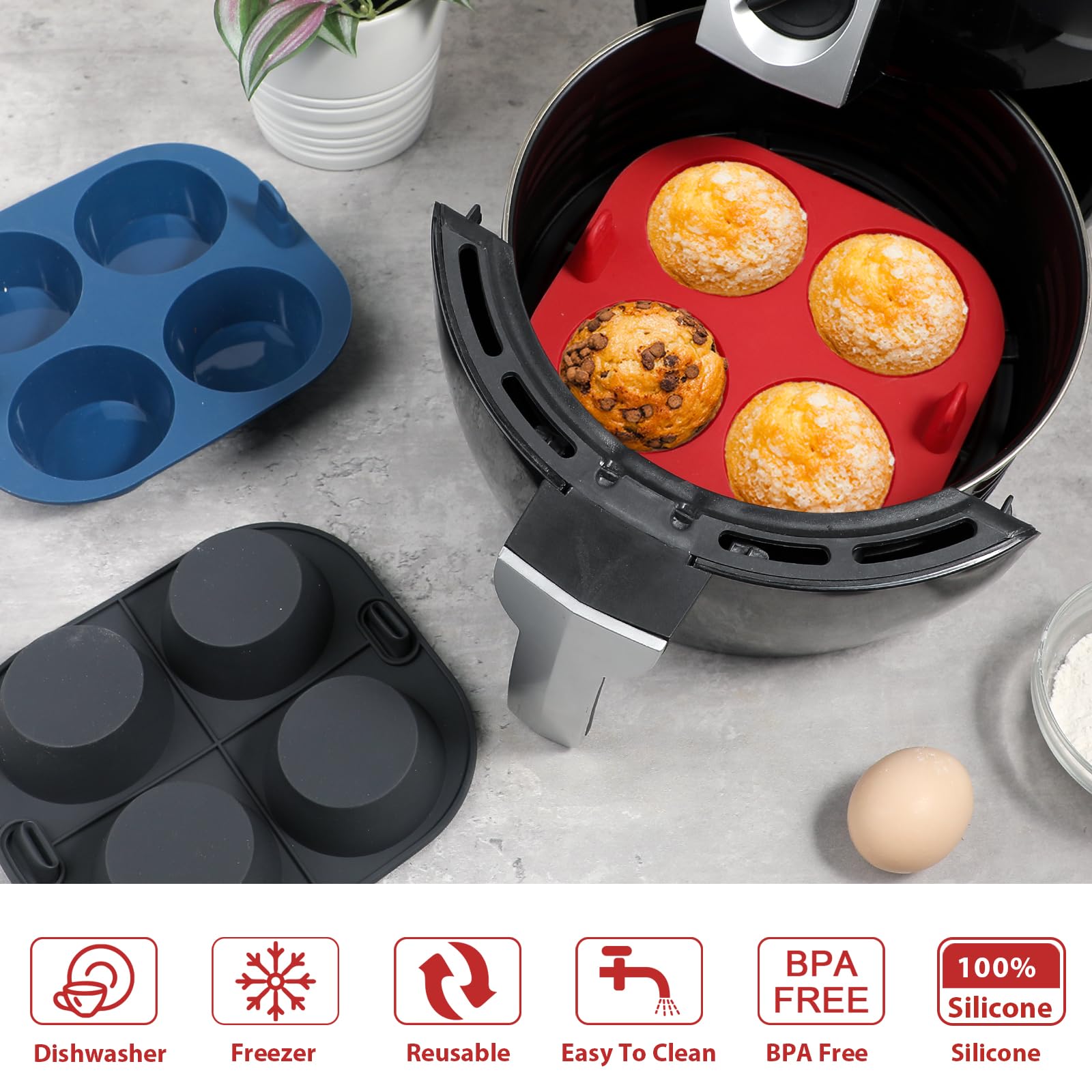 Webake 3Pcs Silicone Air Fryer Muffin Pan For Baking 4 Cavity Air Fryer Cupcake Pans Non Stick Food Grade And Bpa Free Muffin Ti