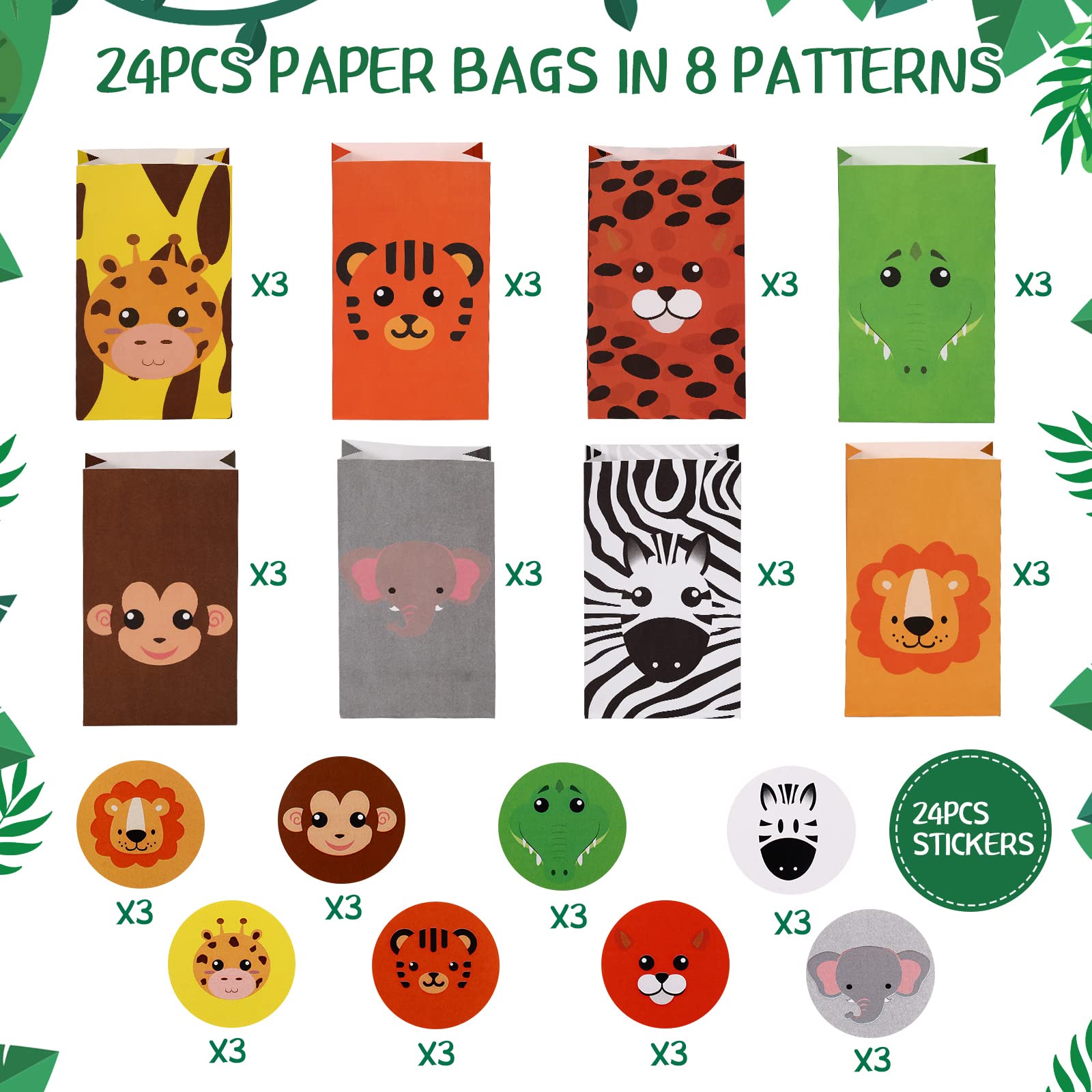 Nezyo 24 Pack Jungle Safari Party Favor Gift Bags  Safari Goodies Bags Animal Gift Bags for Boys Girls Kids Birthday Jungle Candy 8.66 x 5.12 x 3.15 inches