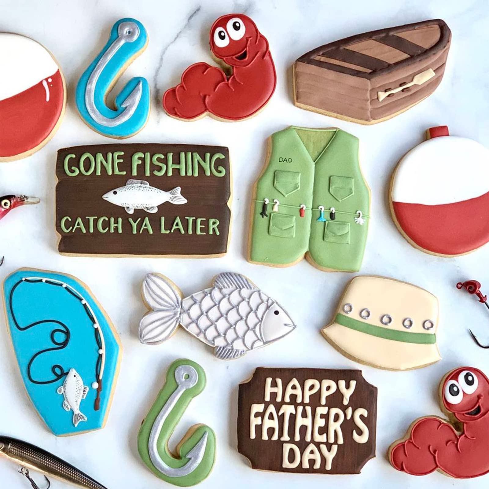 Gone Fishing Cookie Cutter Set With Stainless Steel Sports Jersey, Fish, Candy Cane, Fishing Bobber For Fisherman Fishing Themed