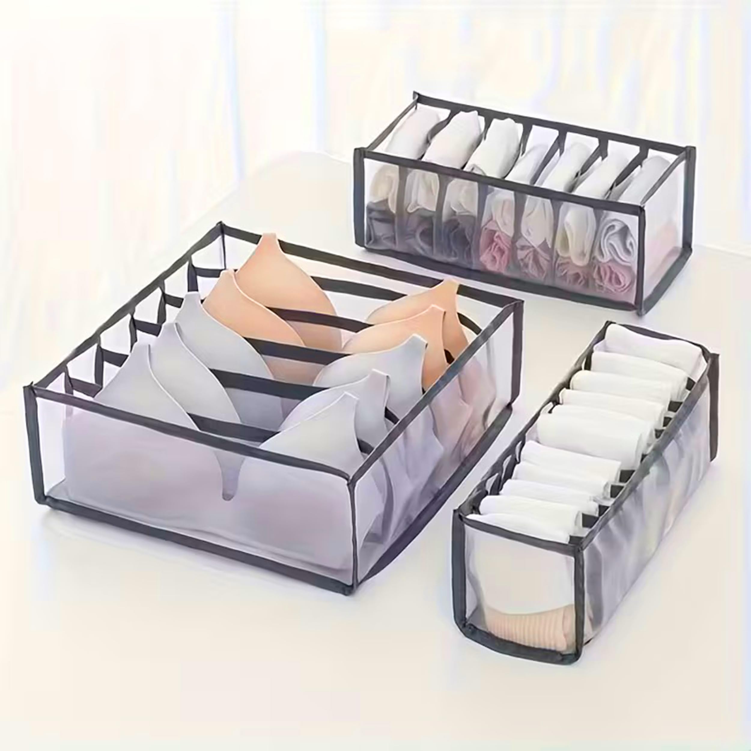 Luces Mesh Set Of 3 Foldable Grid Innerwear Organiser For Wardrobe | Drawer Divider For Cupboard | Undergarment & Multipurpose S