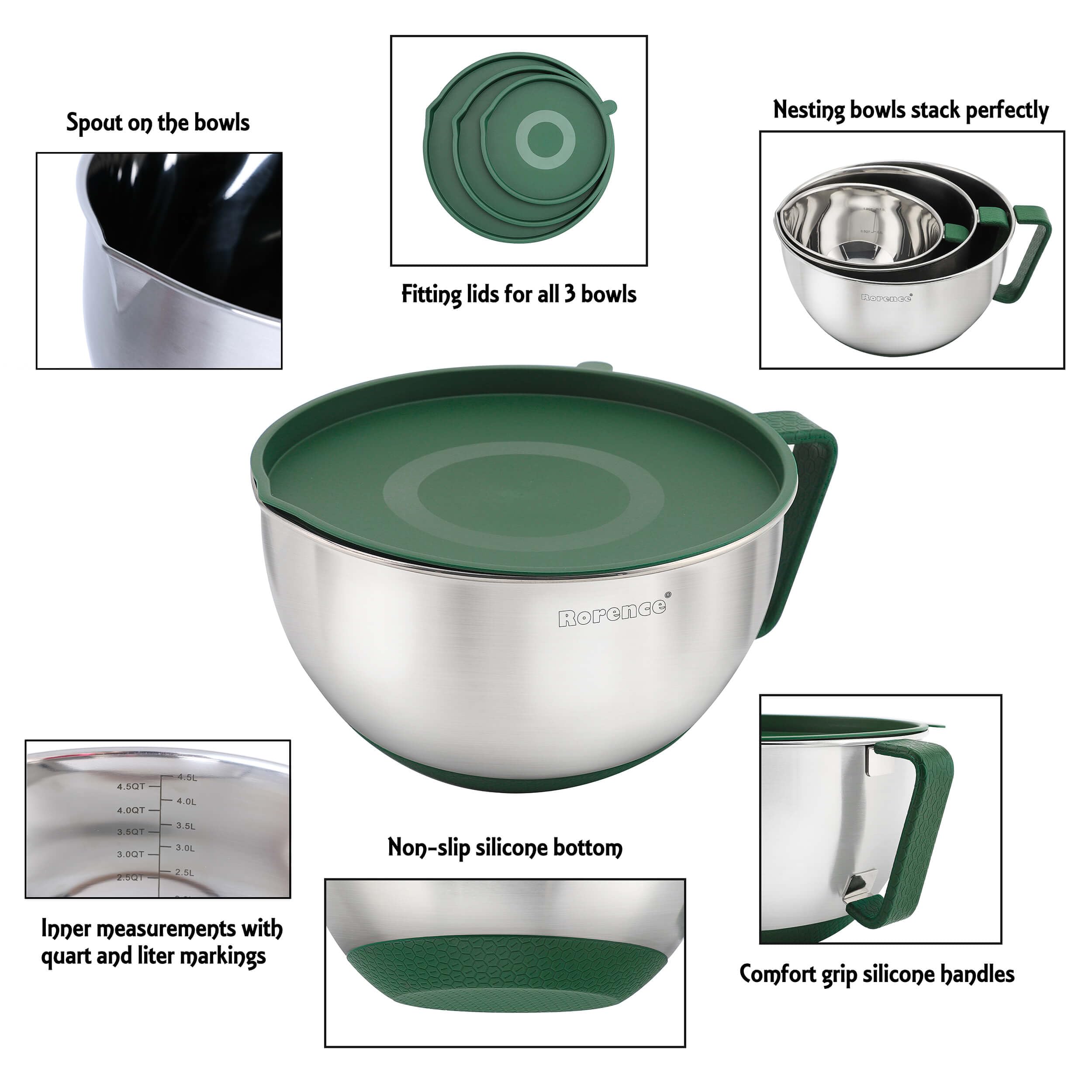 Rorence Mixing Bowls Set: Stainless Steel Non-Slip Bowls With Pour Spout, Handle And Lid - Set Of 3 - Green