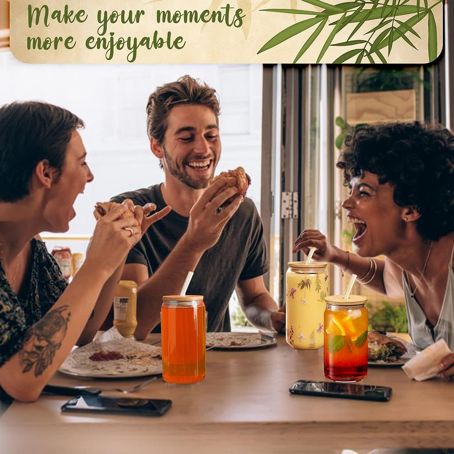 Kikiluxxa Wooden Lid Mojito Coffee Glass Can Mug With Straw Pack Of 4-540Ml (Florida Can 4)