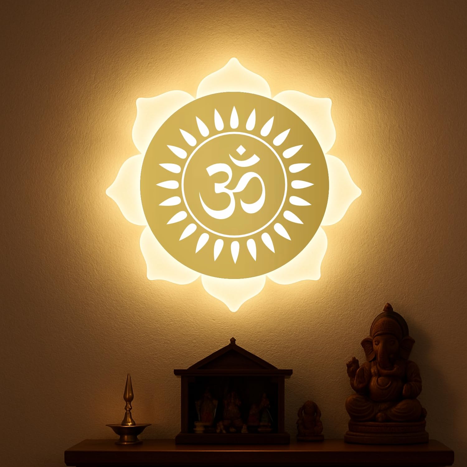 Lamp Master Flower Om Led Wall Light  Gold & Frosted Acrylic | 23Cm | Warm White | Ideal For Temple, Living Room, Bedroom, Pooj