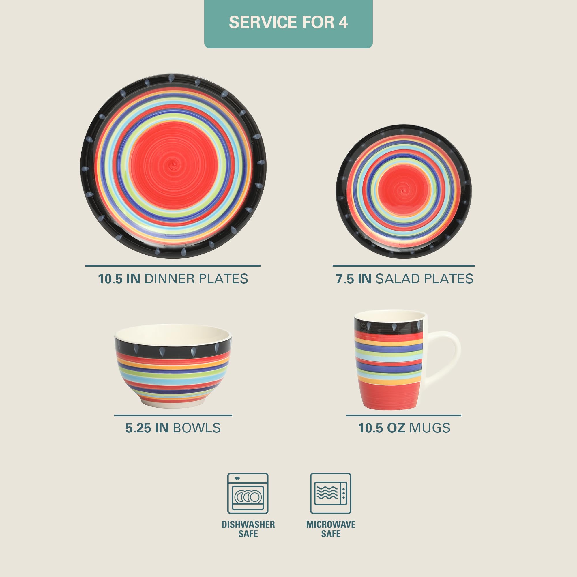 Gibson Home Festival Rings 16-Piece Stoneware Dinnerware Set - Colorful Hand-Painted Plates, Bowls & Mugs, Service for 4, Dishwa