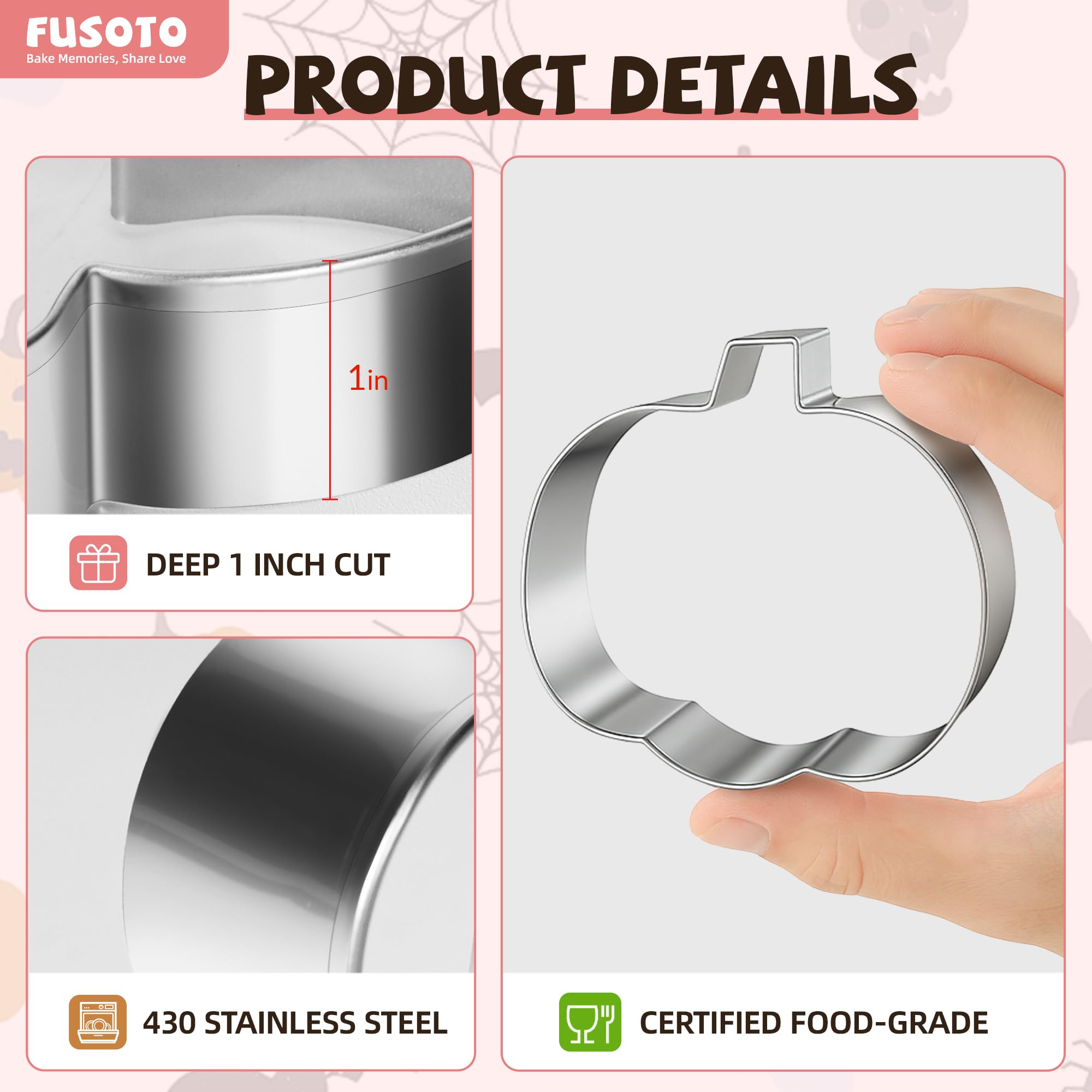 FUSOTO 6PCS Pumpkin Cookie Cutters, 3 Inches Fall Pumpkin Shaped Stainless Steel Cutter - Holiday Halloween Thanksgiving Cookie