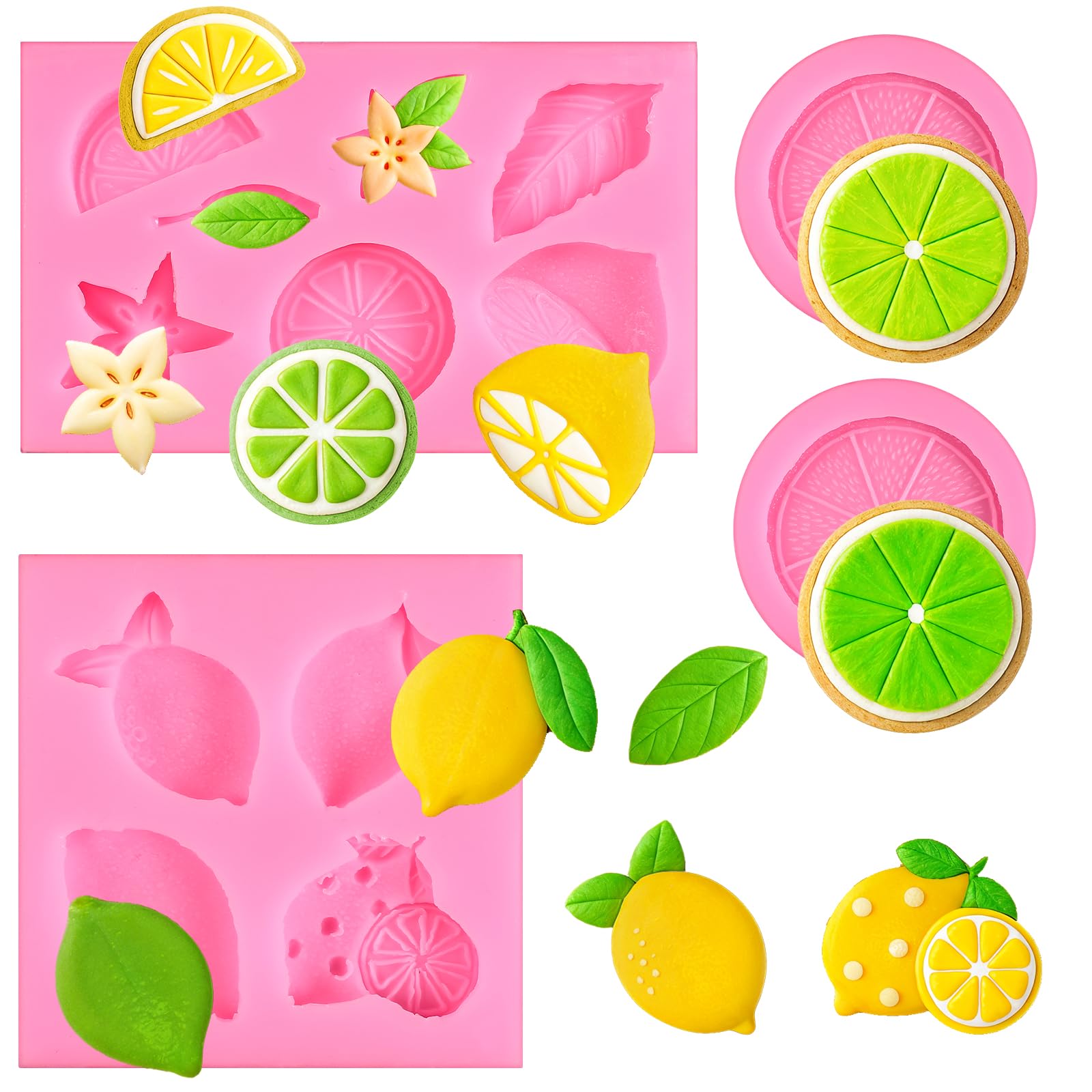 4Pcs Lemon Fondant Mold Lemon Cookie Dessert with Leaves Candy Chocolate Mold Silicone Summer Fruit Snack Molds for Cupcake Topp