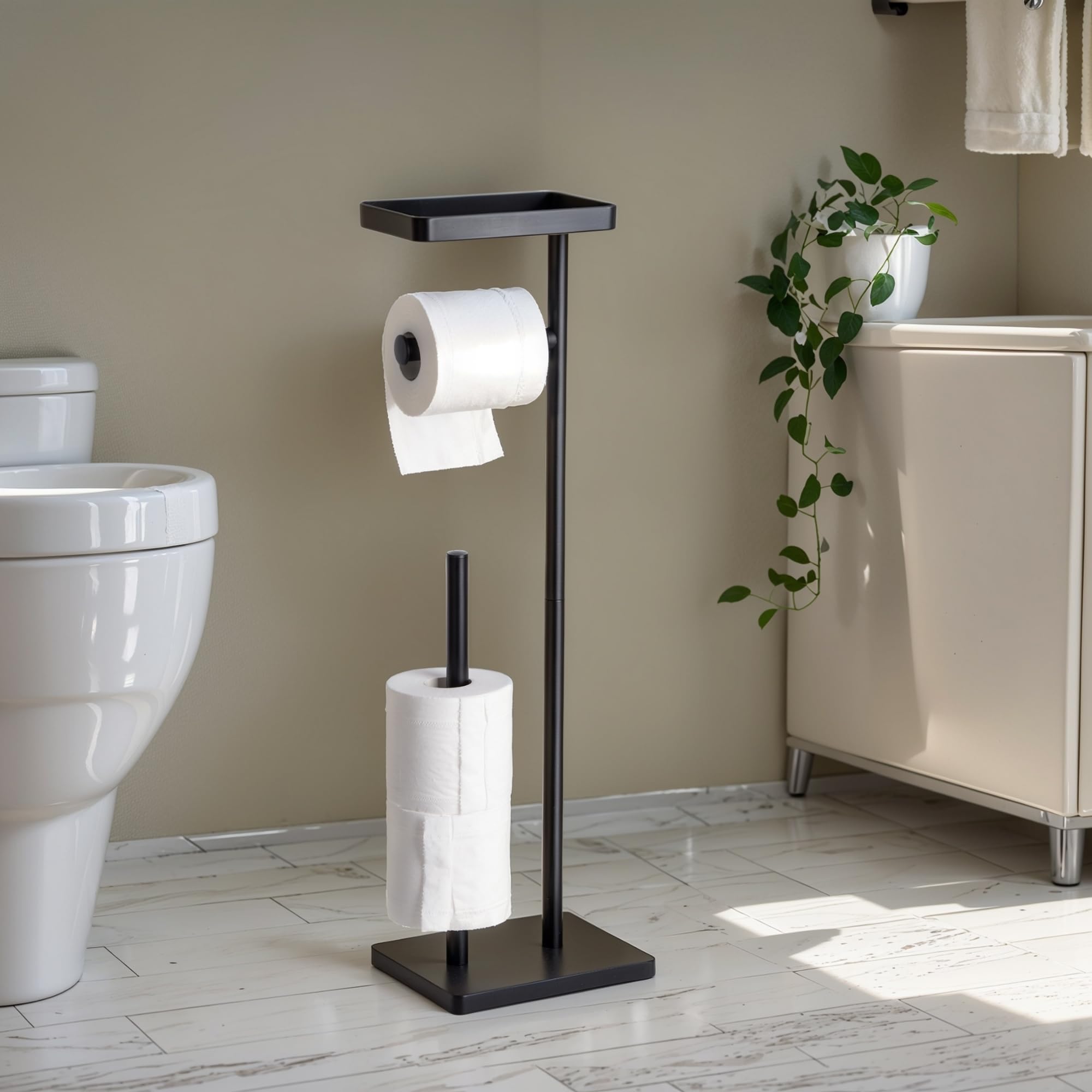 Clasin Home Toilet Paper Holder Stand, Free Standing Toilet Paper Holder With Storage And Metal Top Shelf, Black Toilet Paper St