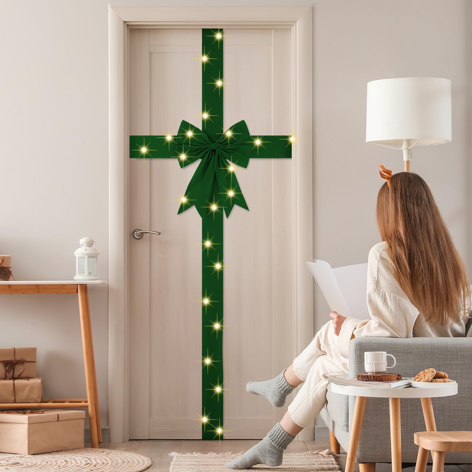 Spiareal Large Christmas Front Door Ribbon Bow with LED 14.1ft Velvet Christmas Cabinet Glowing Bows Decorations Xmas Tree Decor
