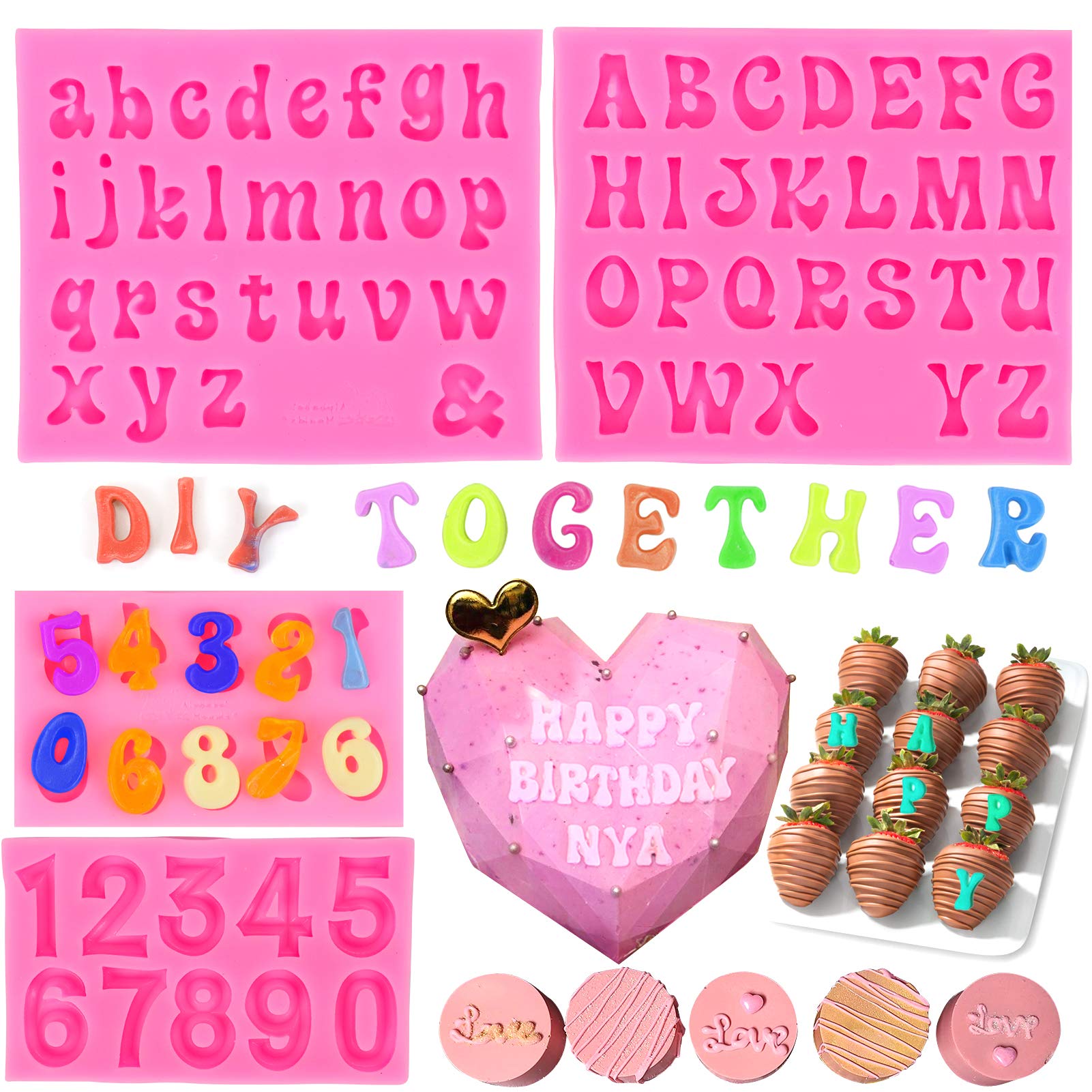 Mity Rain 4Pcs Letter Molds For Chocolate Covered Strawberries, Silicone Uppercase Lowercase Alphabet Number Fondant Mold For Ma