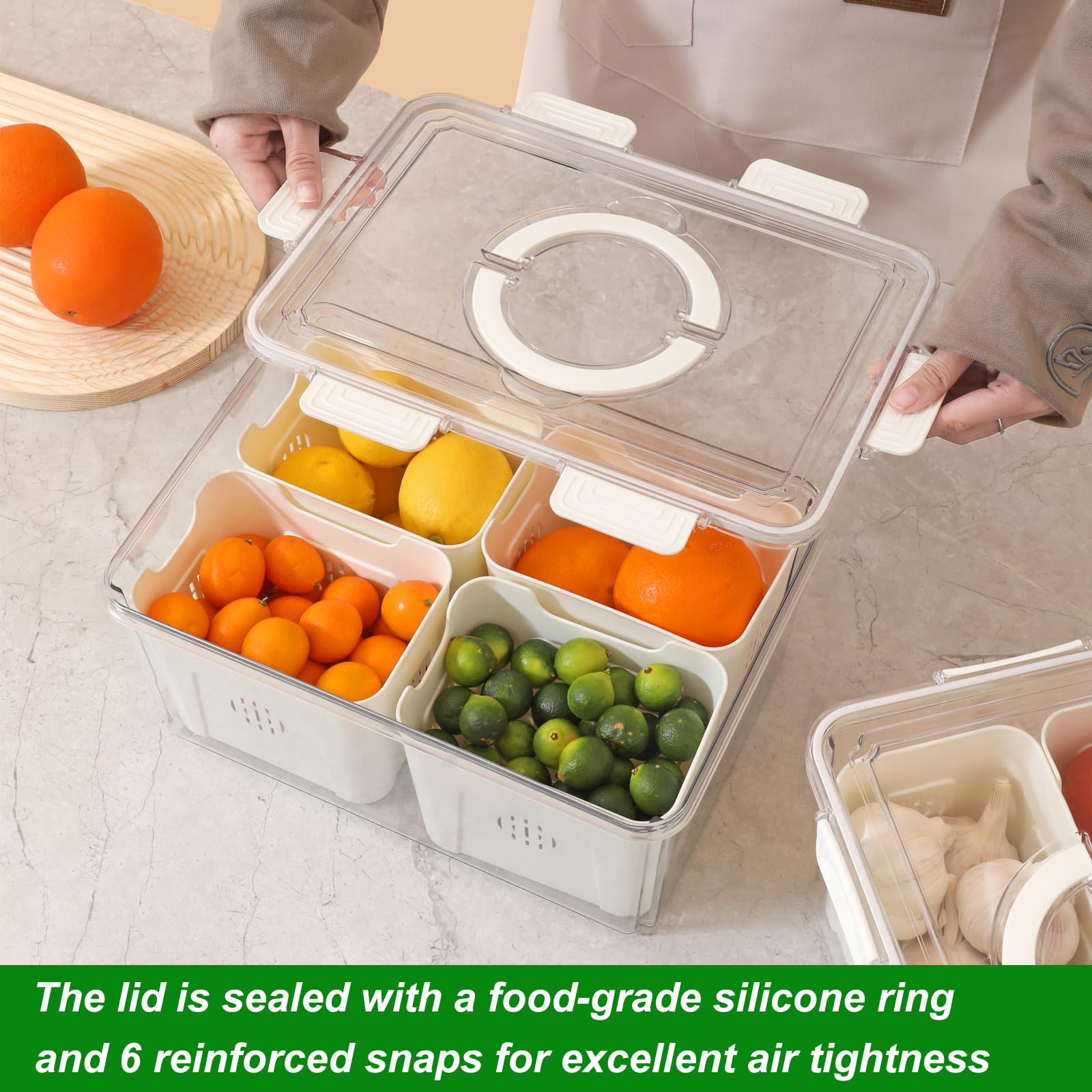 Taiuloo Airtight Fruit Storage Containers For Fridge With Lids & Handle, Bpa-Free Food Storage Container With 4 Removable Coland