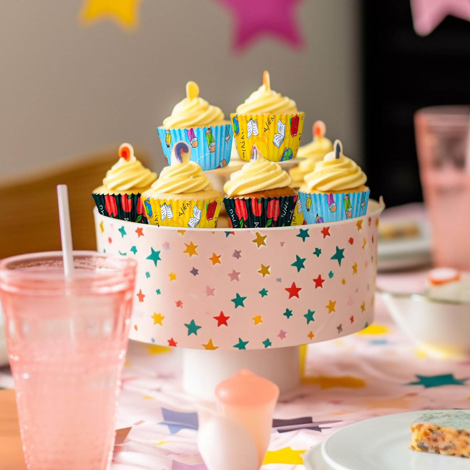 Jarthenaamcs 300Pcs Back To School Cupcake Liners Apples Pencil Baking Cups School Classroom Cupcake Wrappers Holders Muffin Lin