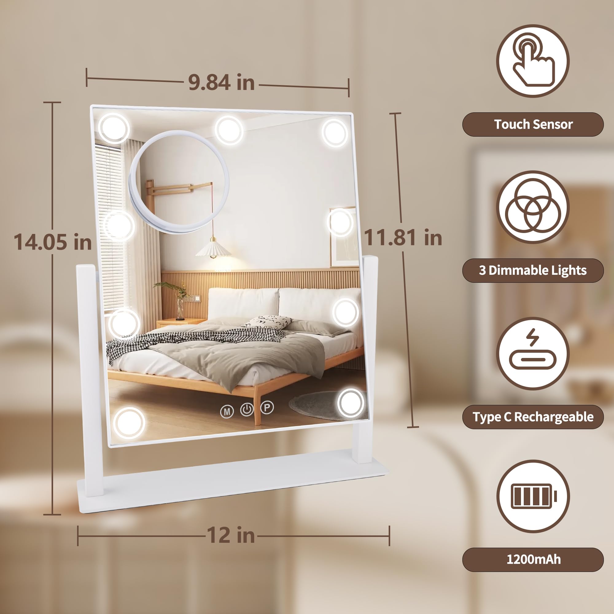 Slimoon Lighted Makeup Mirror, 14''X 12'' Hollywood Vanity Mirror With 9 Led Bulbs, 3 Color Lights, And Detachable 10X Magnifica