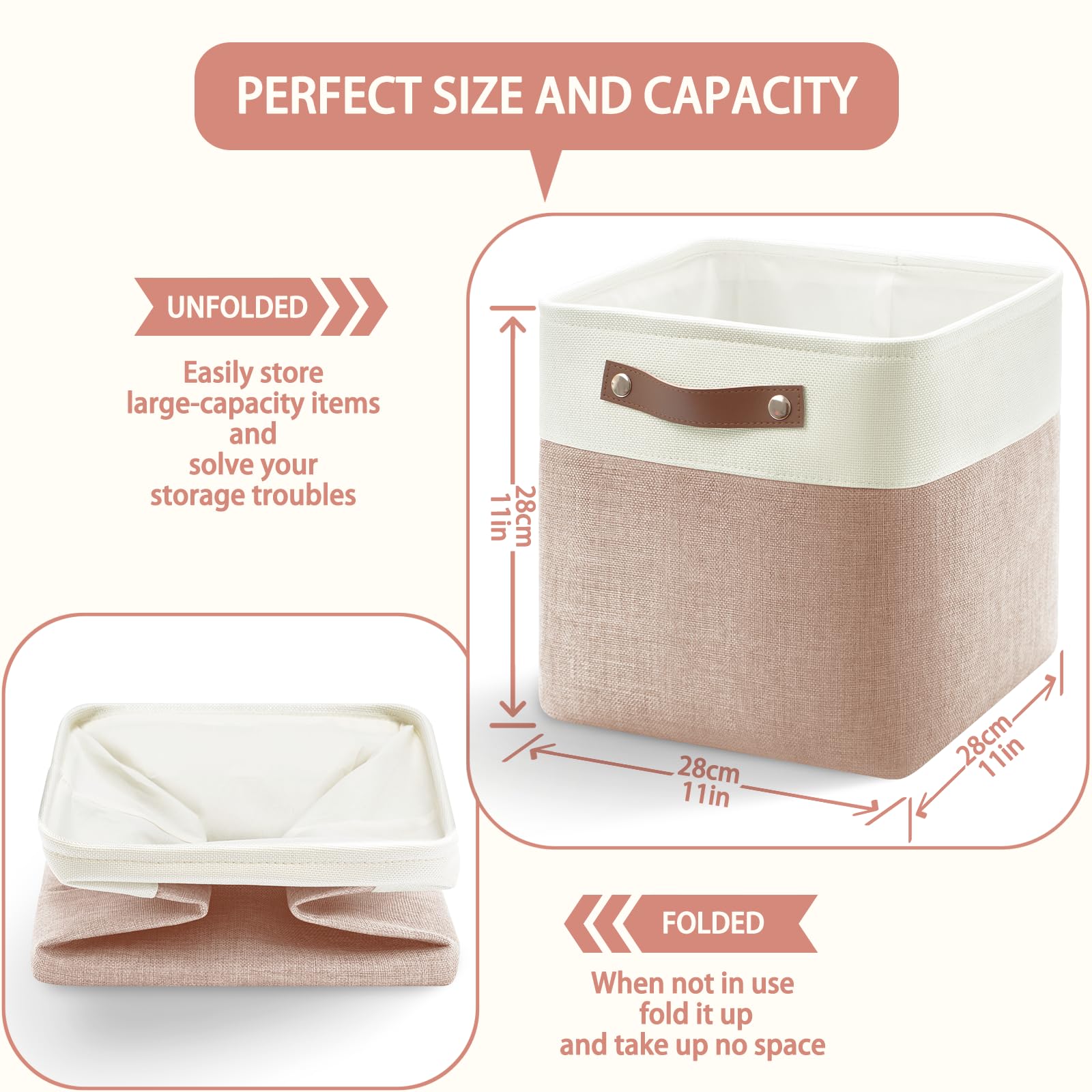 Patvingot Collapsible Fabric Cube Storage Bins 11X11  11, Pack Of 6 Closet Basket Boxes With Pu Handles For Organizing Shelves,