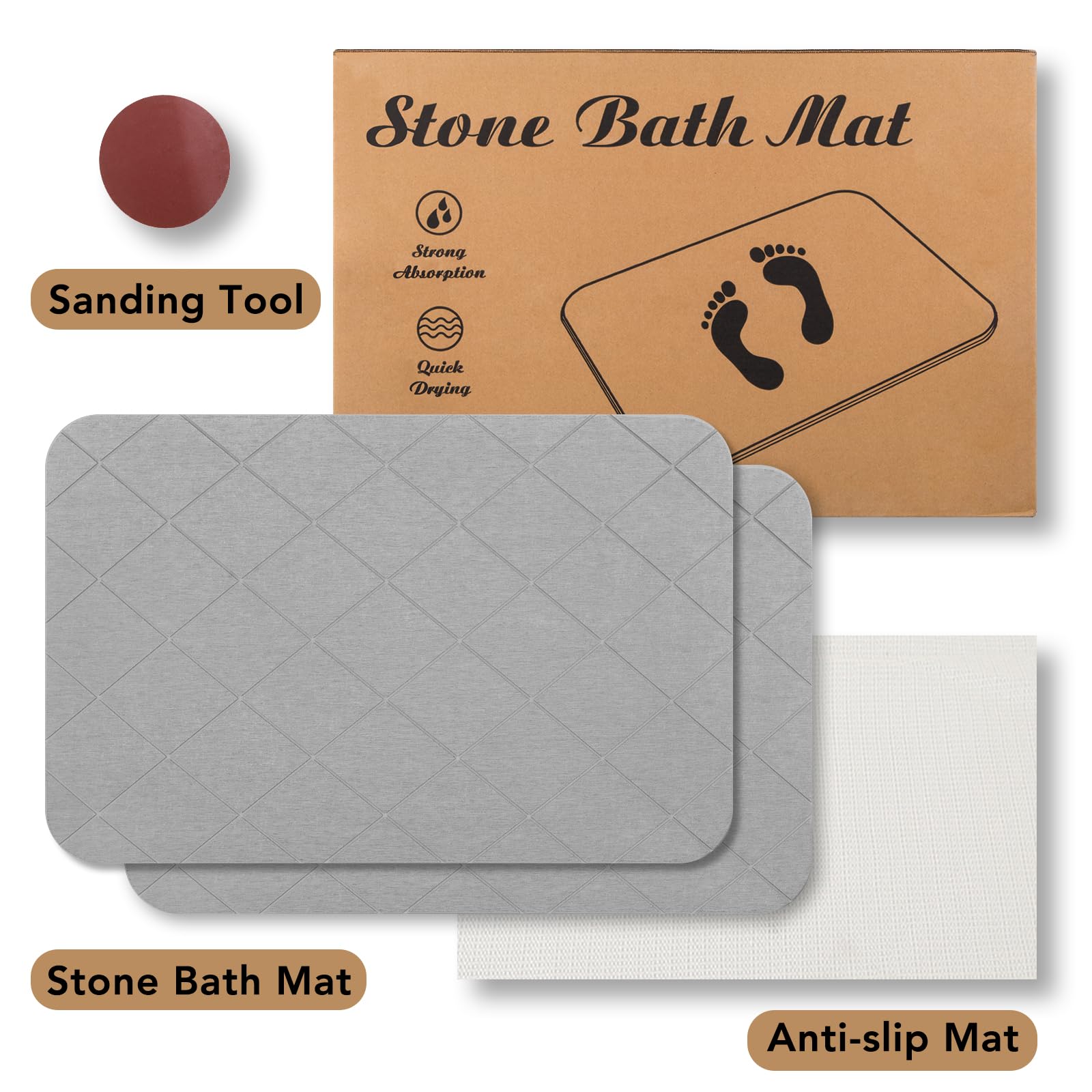 Jizeuo Stone Bath Mat, Diatomaceous Earth Shower Mat, Non-Slip Super Absorbent Quick Drying Bathroom Floor Mat, 2 Pack, Grey, Pa