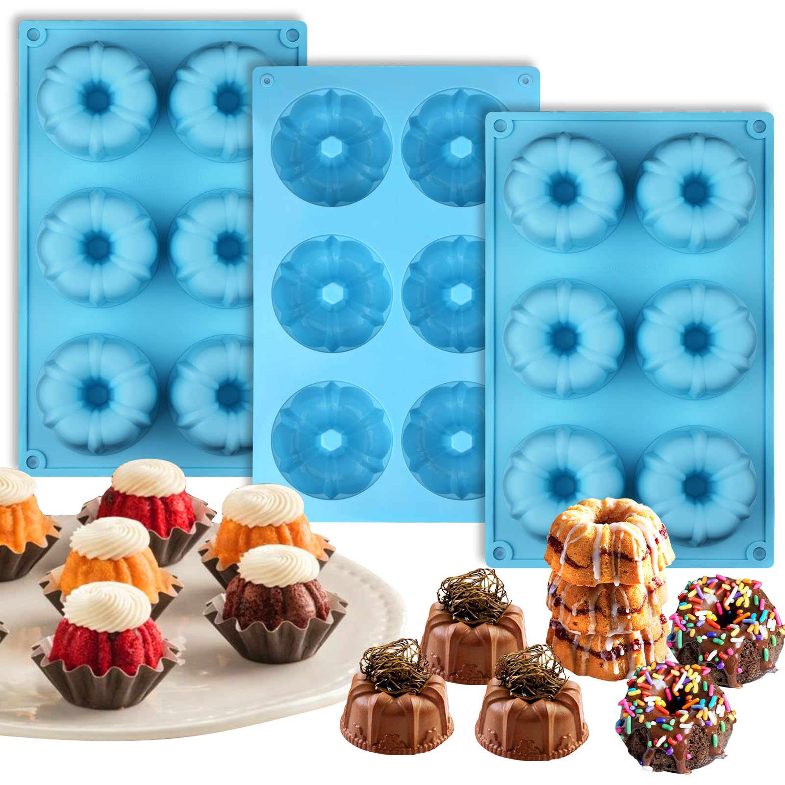 Palksky Mini Fluted Tube Pan Silicone 6Cavity(3PCS), MultiCavity small Cake Baking Pan, mini moldes para chocoflan