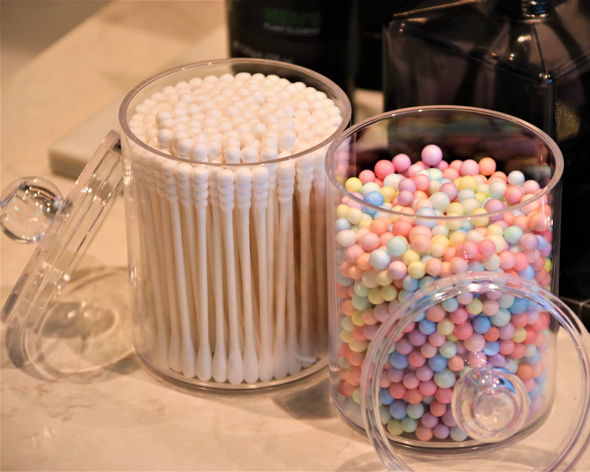 DAPOWER 4 Pack Qtip Holder Storage Canister for Cotton Ball  Cotton Swab  Pads  Floss; 10-Ounce Clear Plastic Apothecary Jar with Lid  Bathroom Makeup Organizer (4)