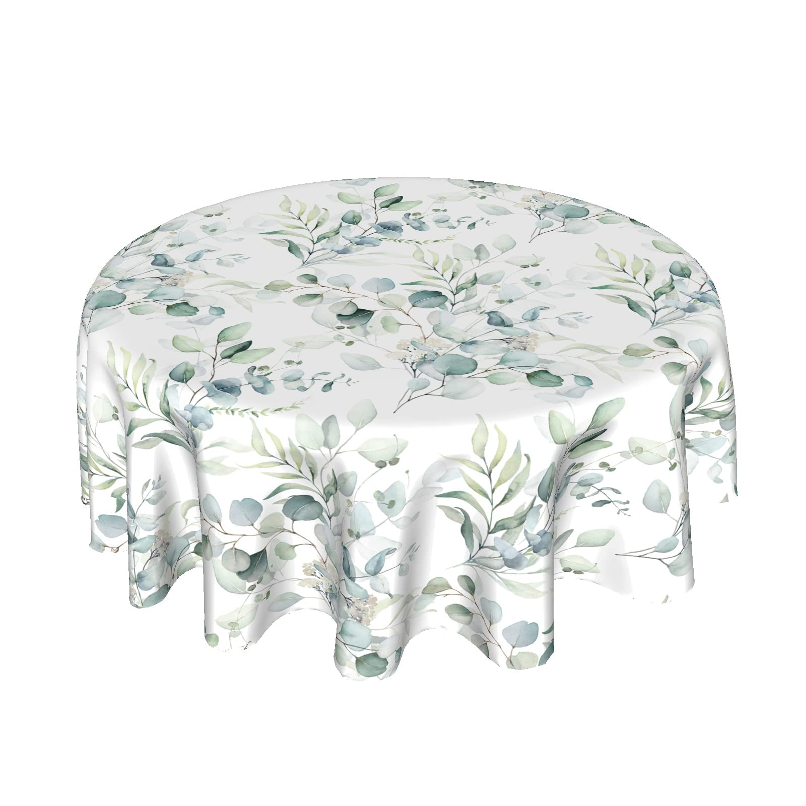 Spring Leaf Floral Sage Green Tablecloth Round 60 Inch Ruitic Watercolor Table Cloth Waterproof Fabric Farmhouse Green Grey Leav