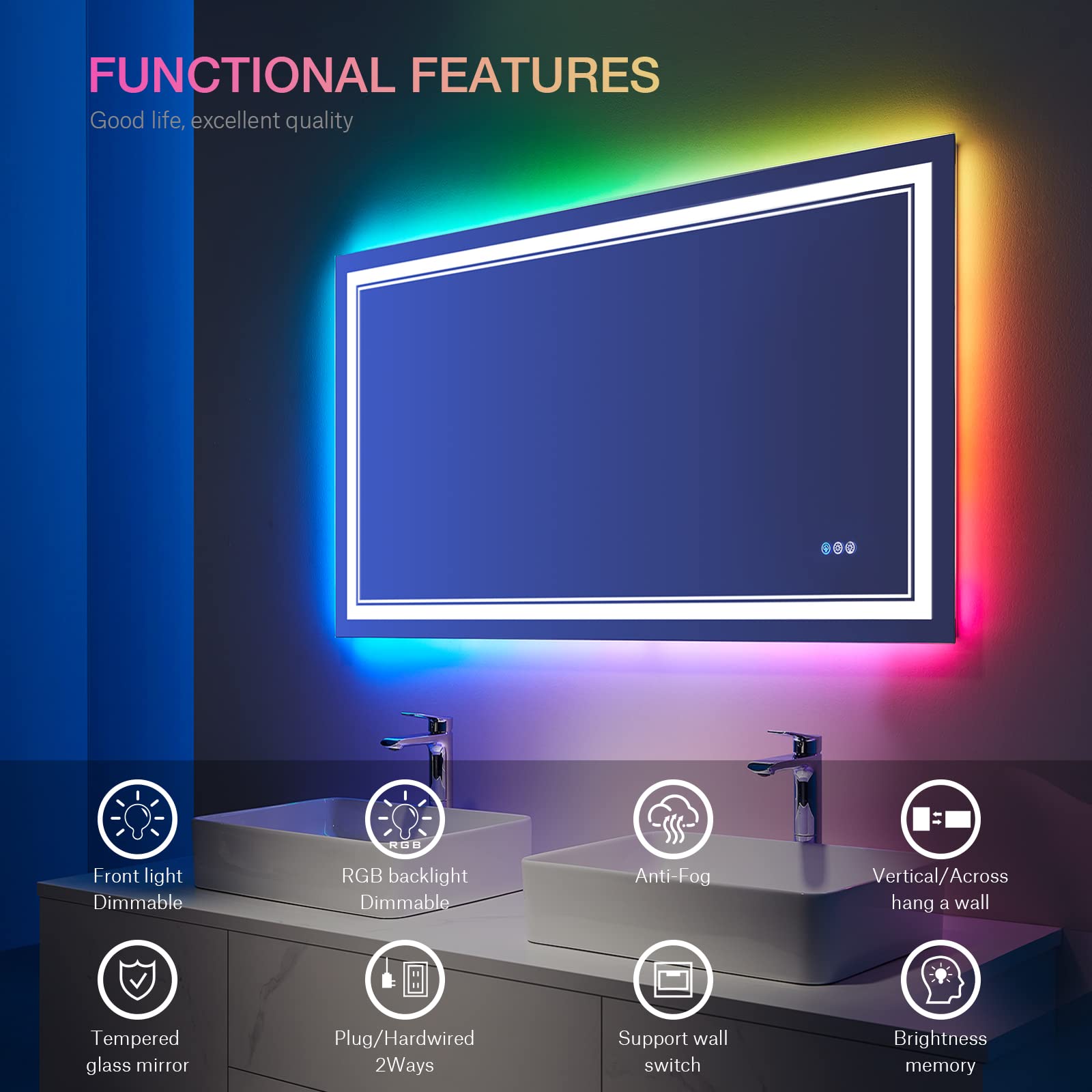 ISTRIPMF 40x24 inch LED Mirror for Bathroom RGB LED Lighted Bathroom Vanity Mirror with Lights Shatterproof Dimmable Anti-Fog RGB Backlit Mirror (RGB Multicolor Backlit + Front-Lighted)