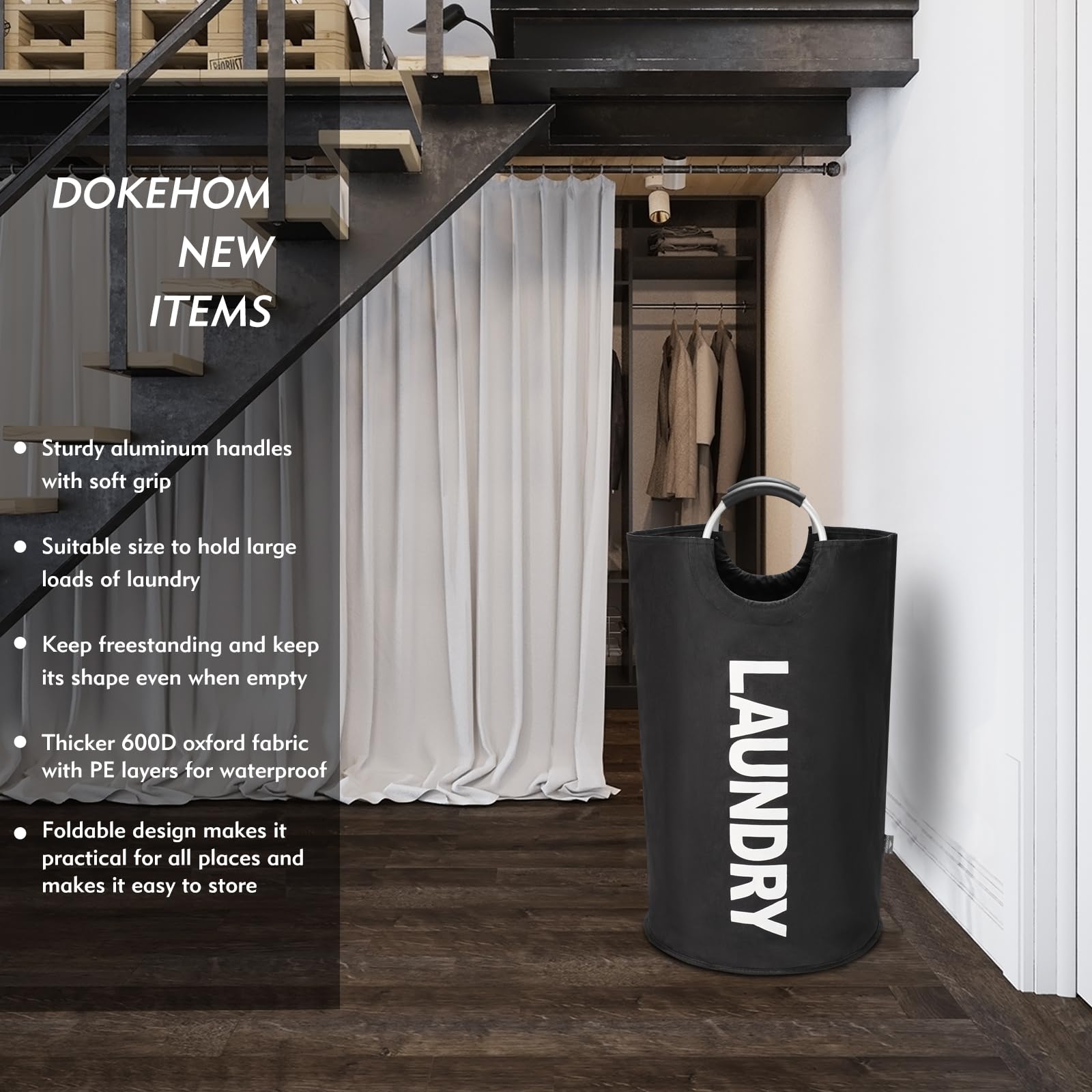 DOKEHOM 125L X-Large Laundry Basket  collapsible Laundry Bag  Freestanding Tall clothes Hamper  Foldable Washing Bin (Black)