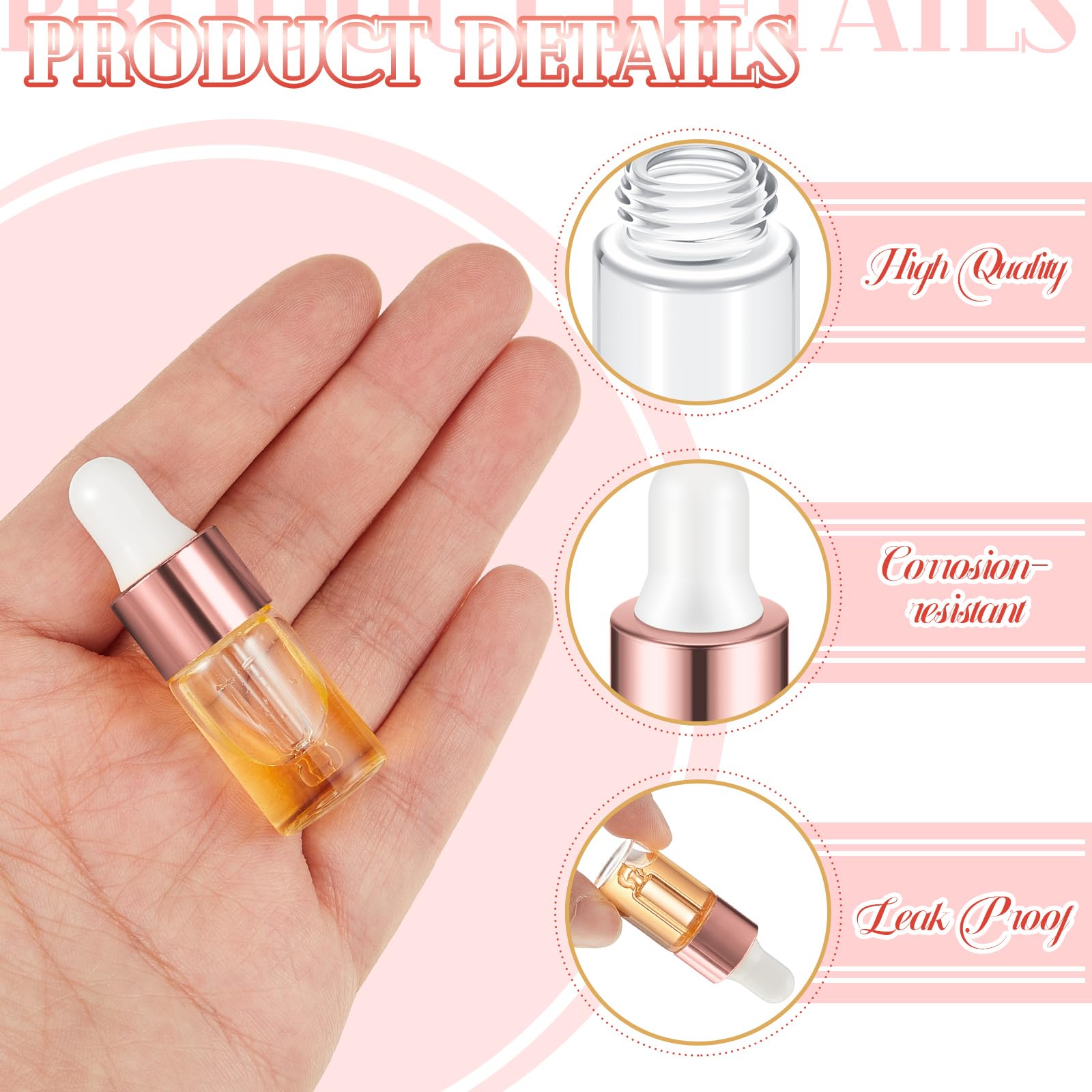 Didaey 100 Pcs Mini Glass Dropper Bottle Bulk, 3 Ml Rose Gold Clear Essential Oil Dropper Bottles Small Tincture Empty Bottles S