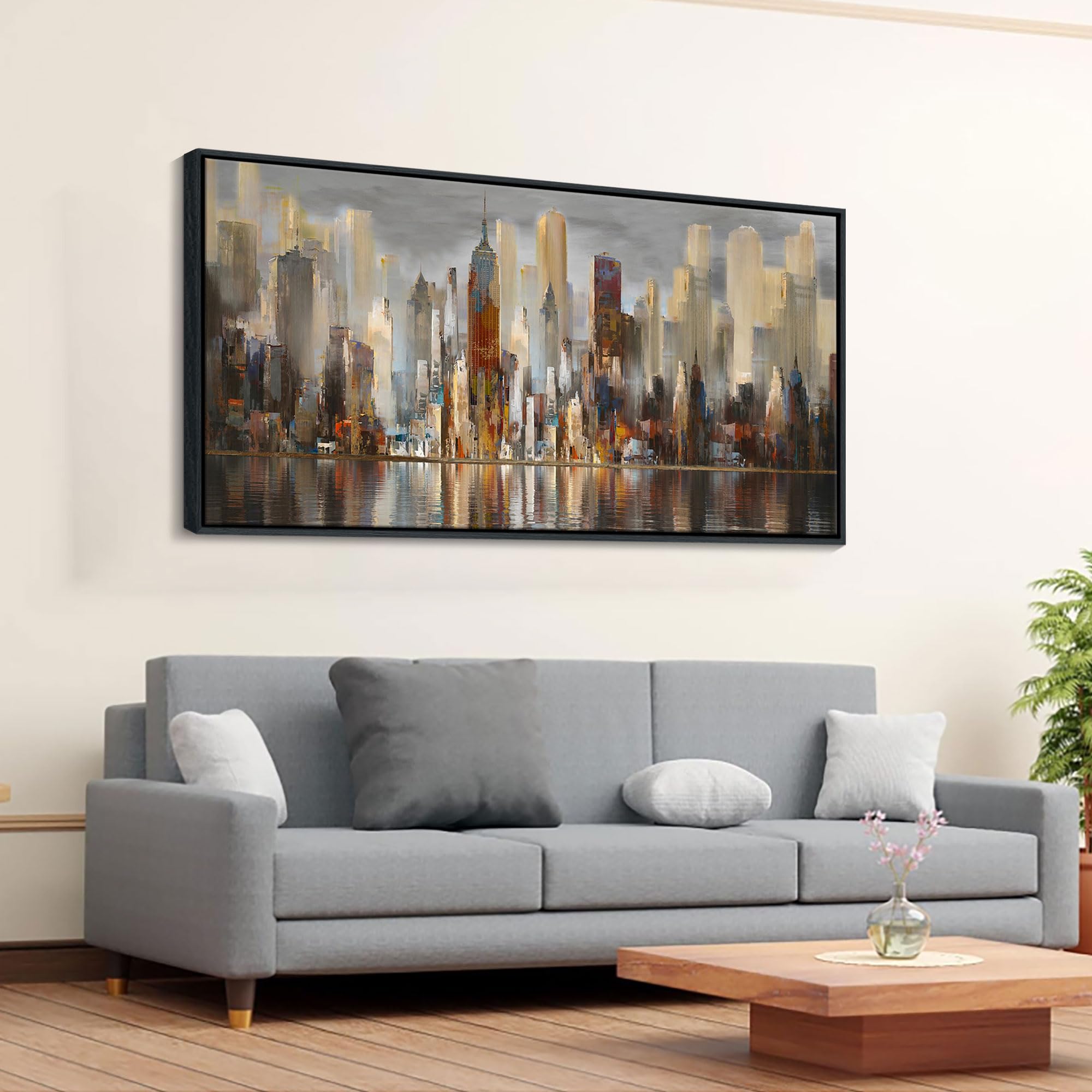 Abstract Brown New York City Canvas Wall Art Framed Large Wall Art For Living Room Modern Paintings For Bedroom Cityscape New Yo