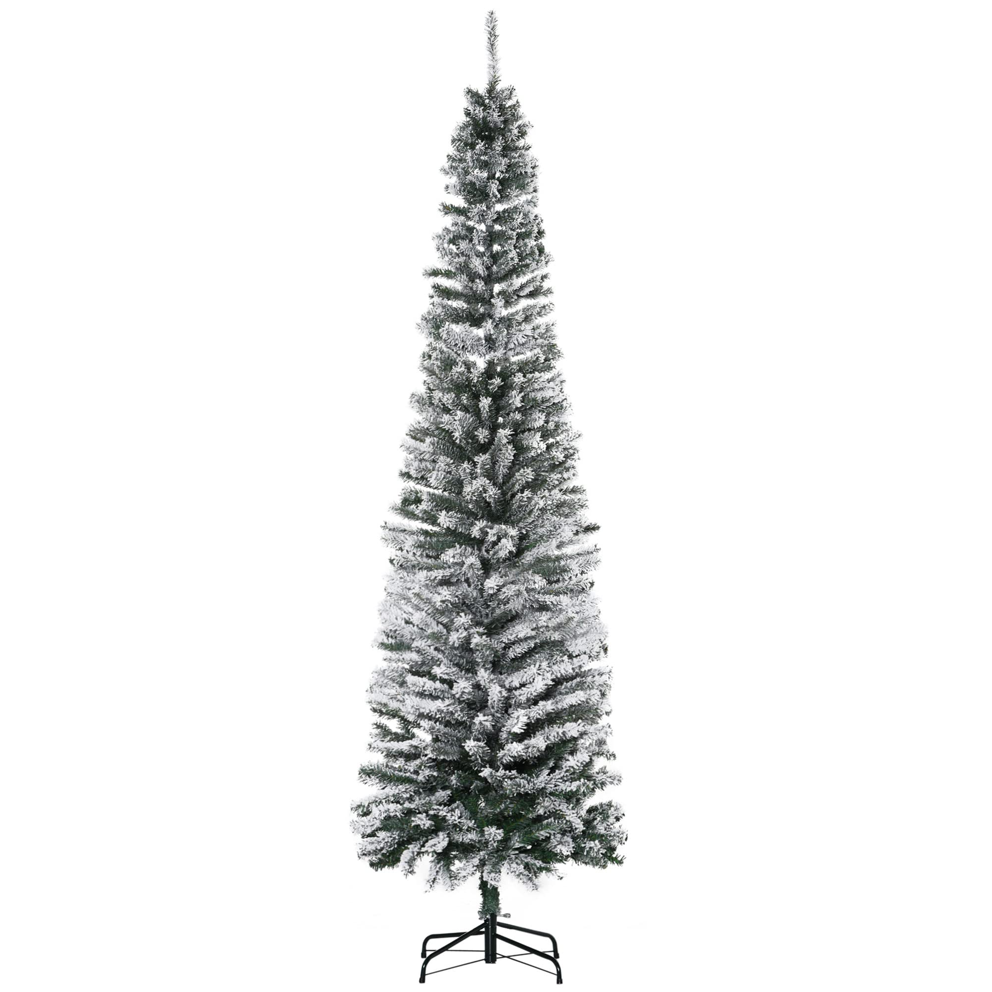 HOMOM 7.5ft Flocked Christmas Tree, Pencil Artificial Xmas Tree with Faux Snow, Dense Branches, Foldable Metal Base for Indoor H