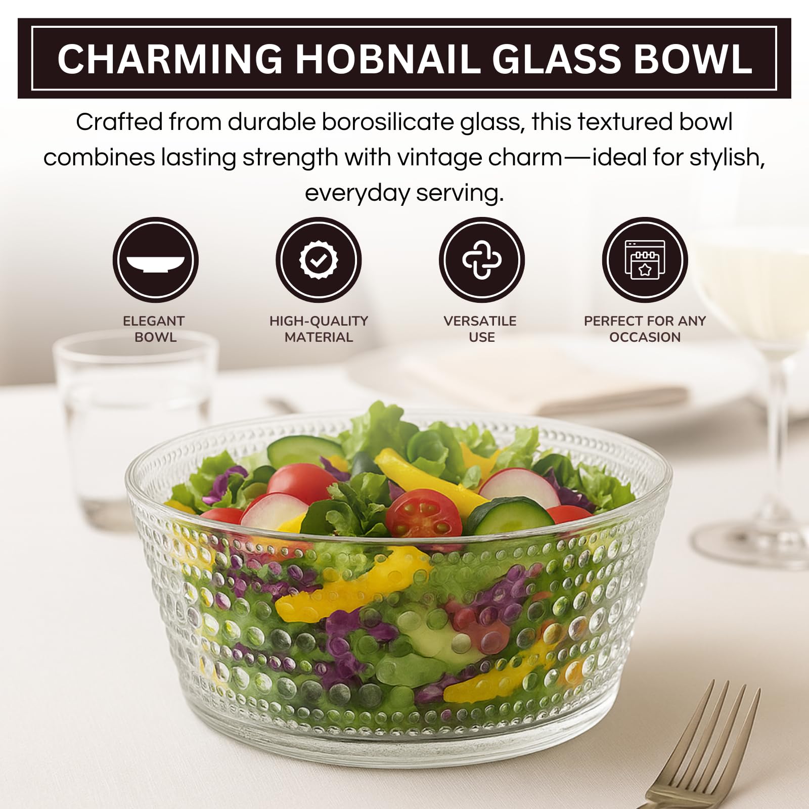 Khen Hobnail Glass Bowl Clear Vintage Style Textured Borosilicate - 10 Inch